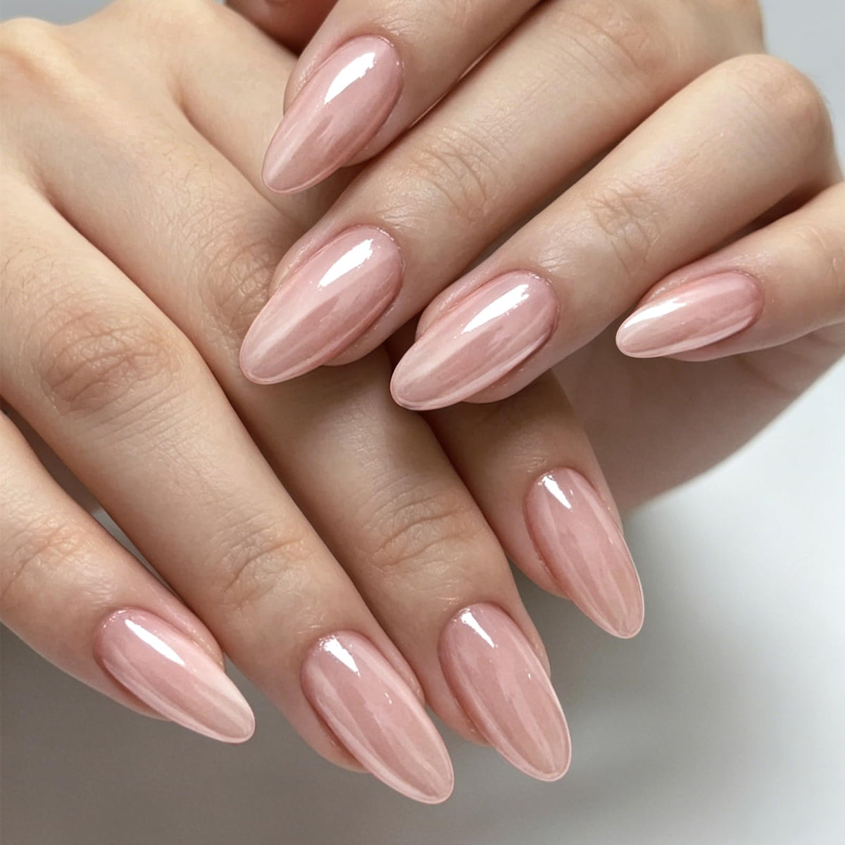 Pearl White Chrome Press on Nails Short Oval-Bling Glazed Design Chrome Glue on Nail, Salon Quality Shiny Full Cover Stick on Natural Fake Nail with Full Nail Kit for Women Bridal Wedding 32PCS