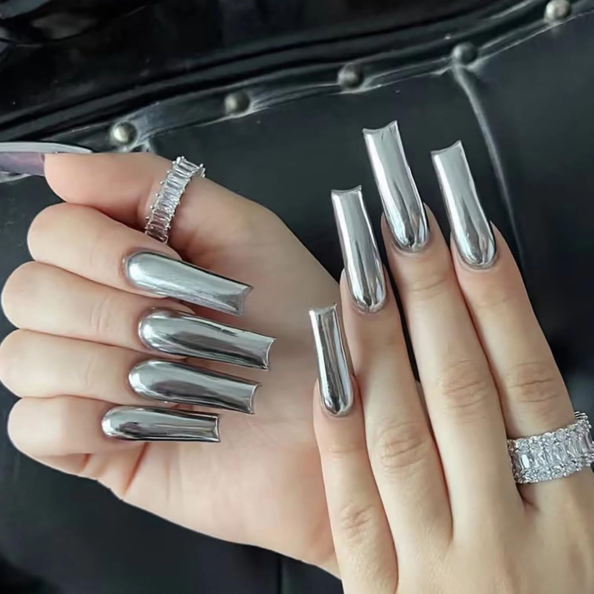 MISUD Press on Nails - Extra Long Square Glue on Nails with French Tip, Acrylic Dollar Money Rhinestone Design 24 pcs