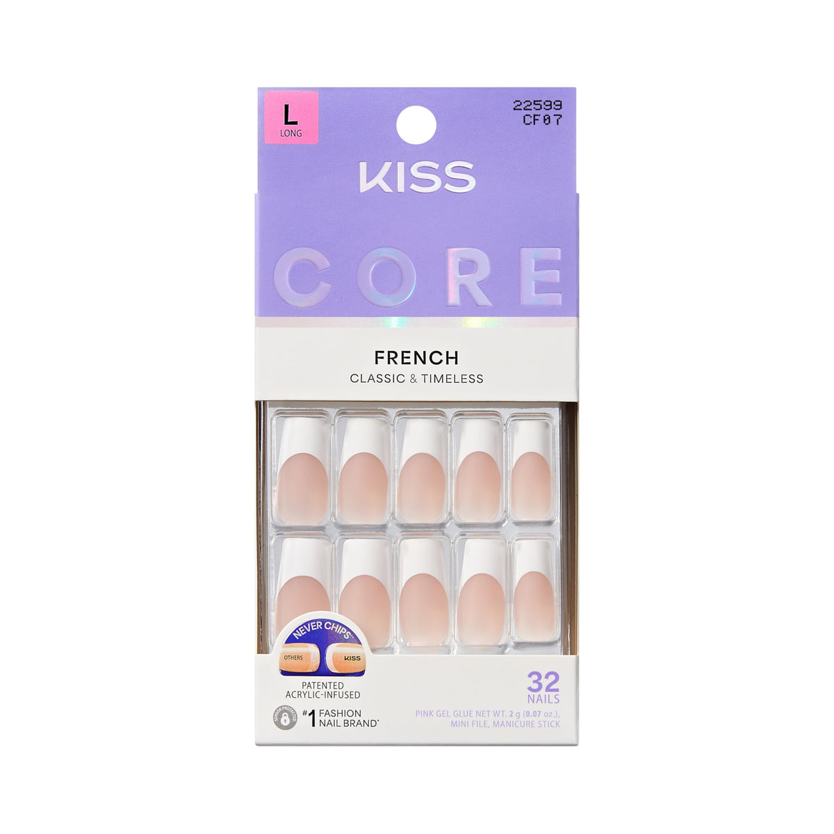 Kiss Core, Press On Nails, Nail glue included, 'Curiosity', White, Medium Size, Almond Shape, Includes 32 Nails, 2g Glue, 1 Manicure Stick, 1 Mini File