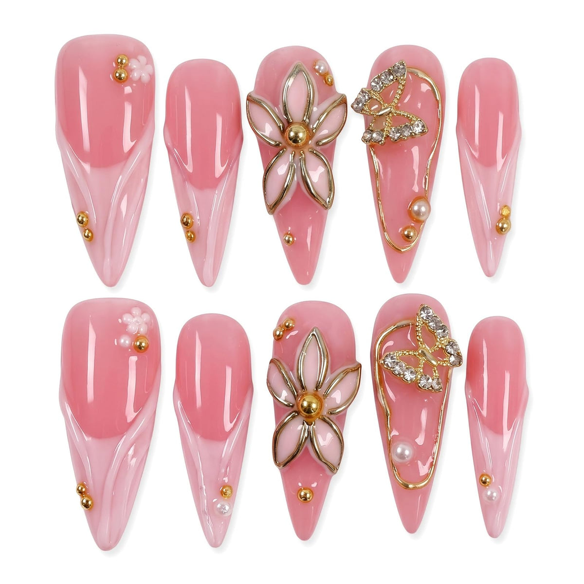 Handmade Press on Nails Long Stiletto - Liquid Gold Abstract Acrylic Fake Nails with Blue Shimmer & Colorful Gems, Luxury Reusable False Nails 10 pcs (Size M)