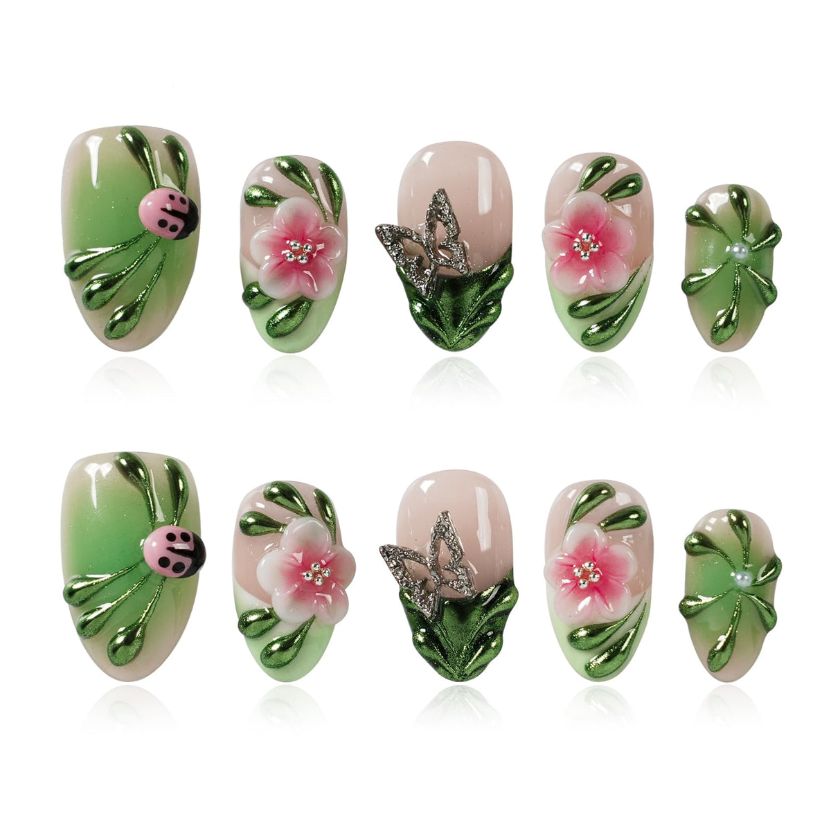 Gothic 3D Floral Press on Nails Medium Almond - Gold Cross & Rhinestone Design, Handmade Pearl Luxury Dark Romantic Reusable Nails (Orange Diamond Sweet Luxury,L)