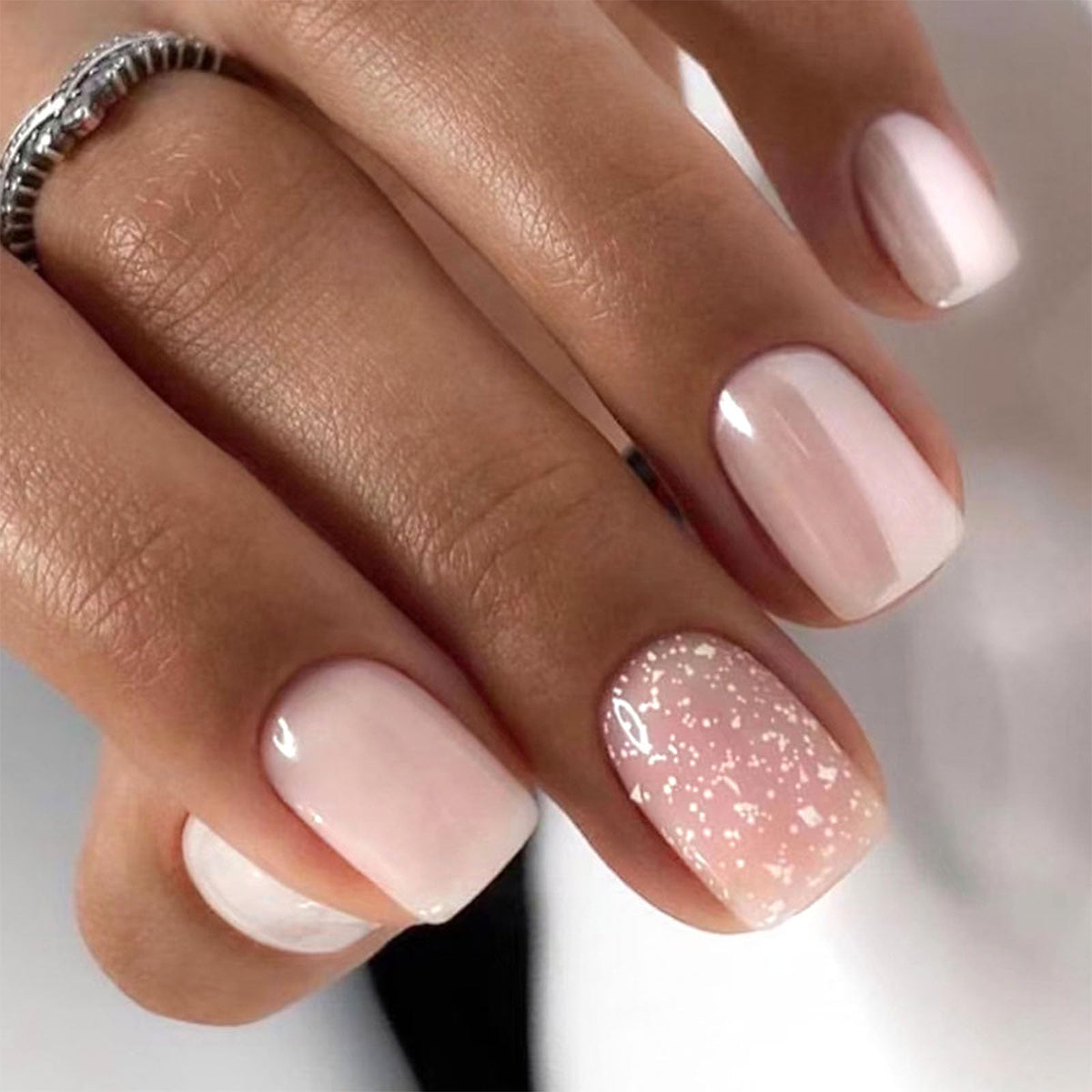 Short Press on Nails Square Nude Ombre Fake Nails Press ons White Glue Stick on Nails with Designs Full Cover Acrylic Glossy Artificial Cute False Nail for Women Girls 24 Pcs