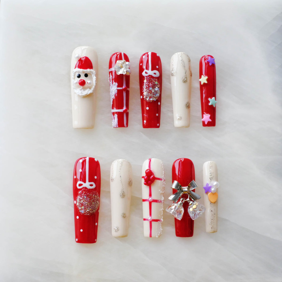 Luxury Handmade Press On Nails, Vintage Bohemian Style, Long Stiletto Shape, Crystal Heart Gems, Gold Stars Design, 10 Pieces (Large, LS)