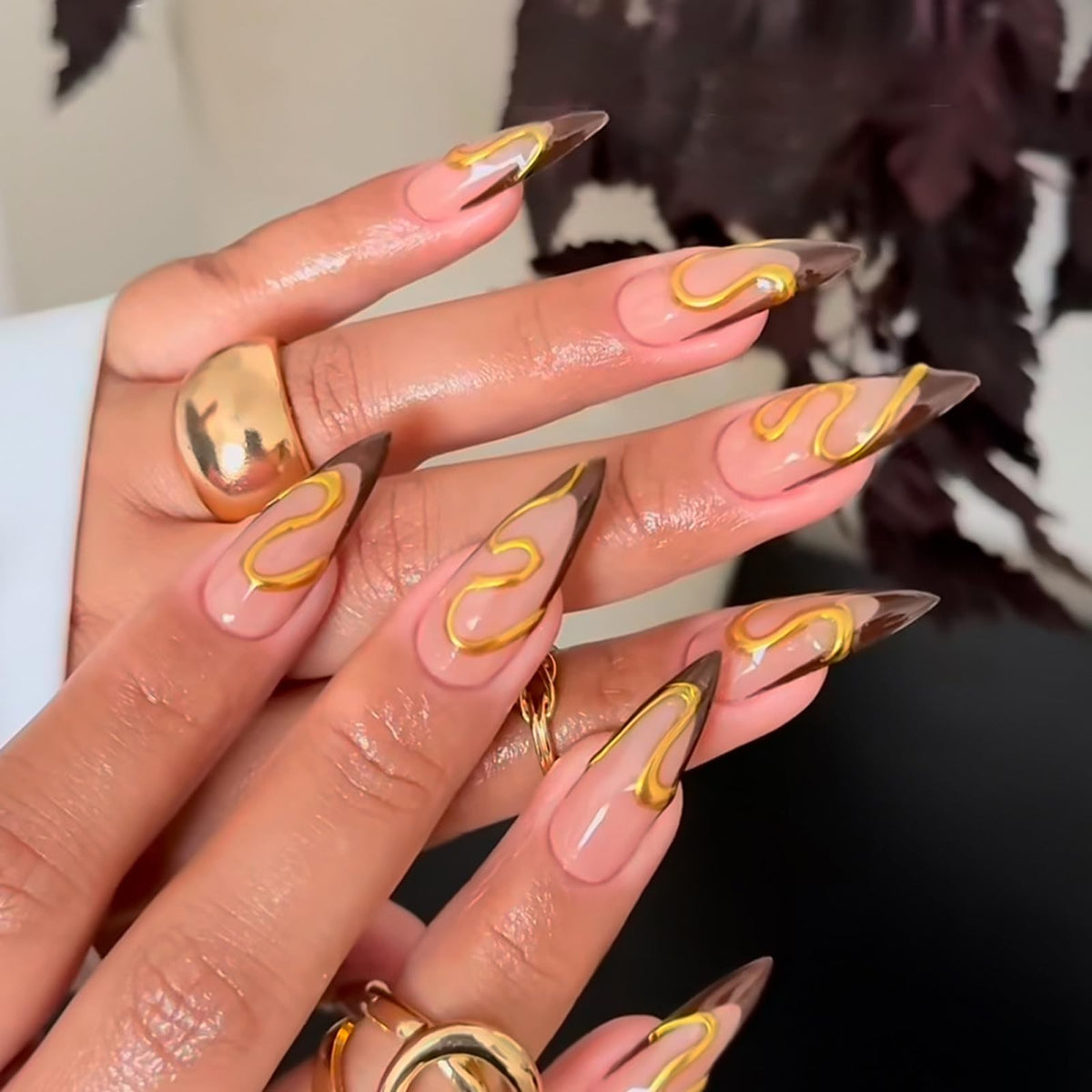 3D Gold Press on Nails Long Stiletto Fake Nails Glossy Nude Blue Full Cover