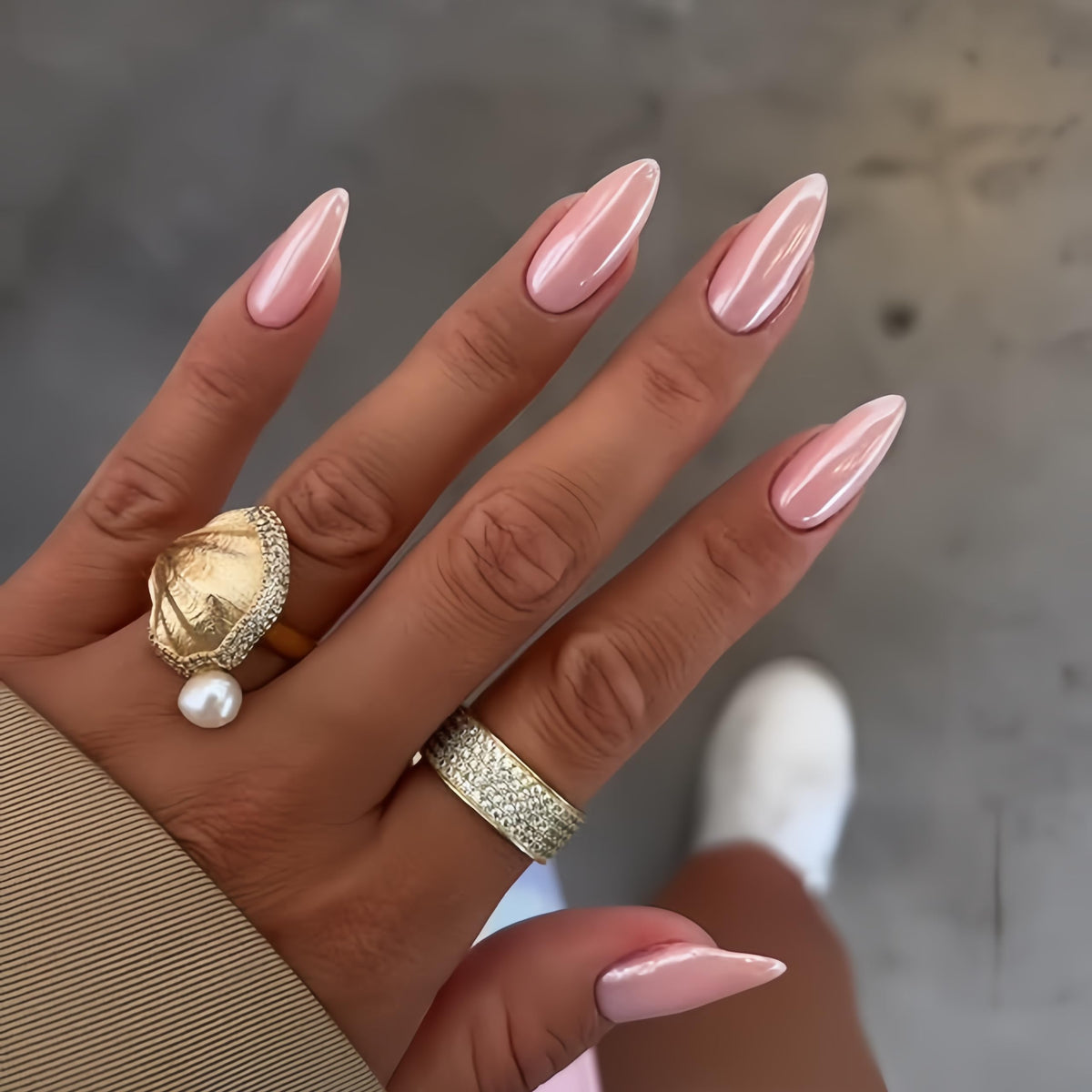 White French Tip Press On Nails Almond - KQueenest Chrome Press On Nails Medium, Glazed Natural Light Nude Fake Nails Press on, Reusable Glue on Nails Stick On Nail for Women Bridal Wedding