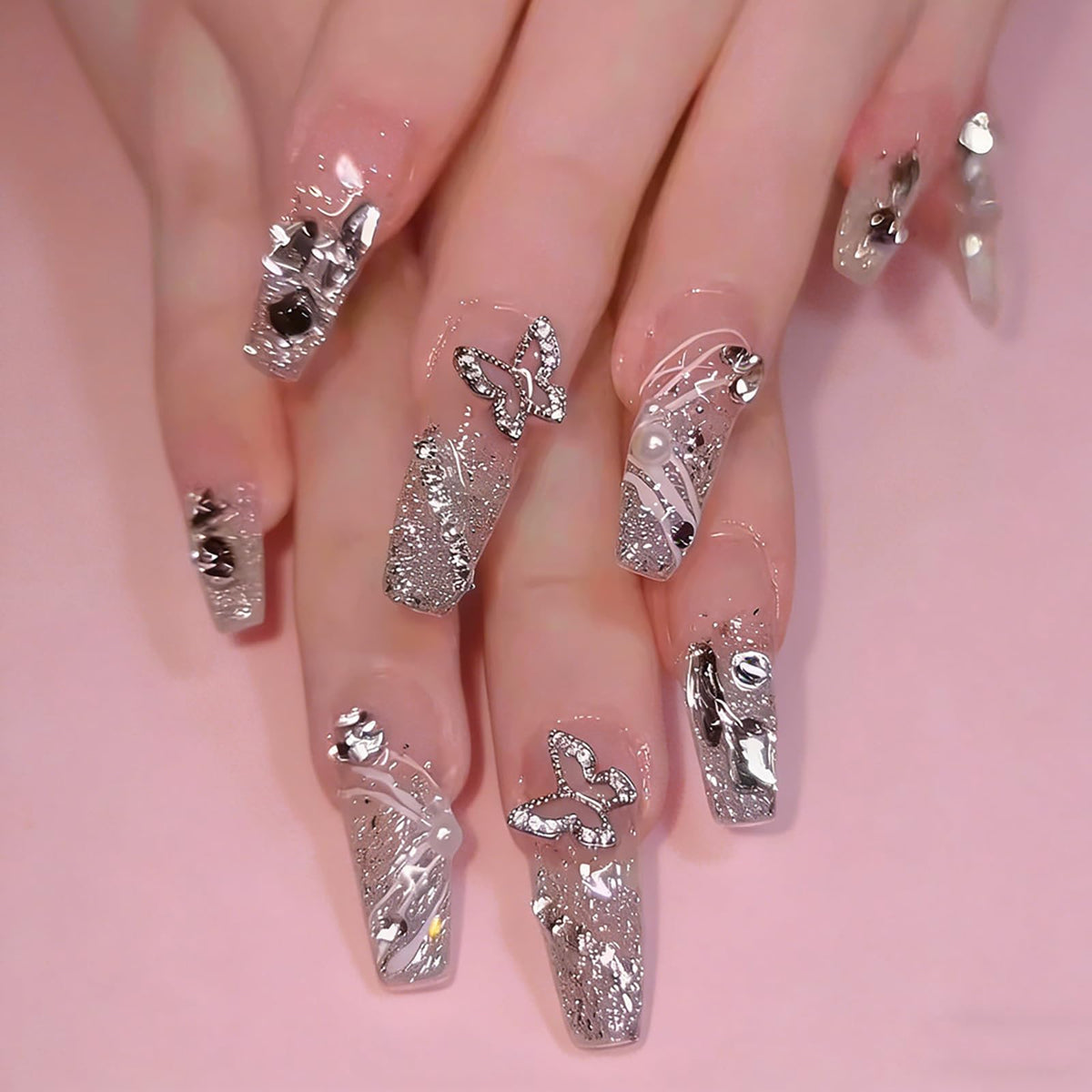 24Pcs Long Square Nude Pink White Nails Press ons Pearl Gold Flower Fake Nails Elegant False Nails Bridal Nails Glue on Luxurious Stick on Nails Casual Work for Girl Women Wedding Formal Occasions