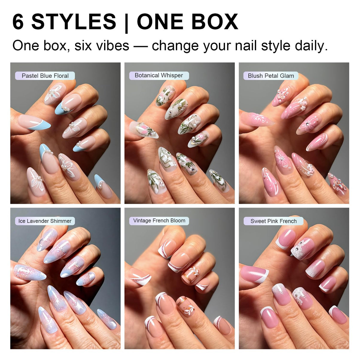 Press on Nails, 6 Packs (144 Pcs) Medium Almond Sets, Wedding French