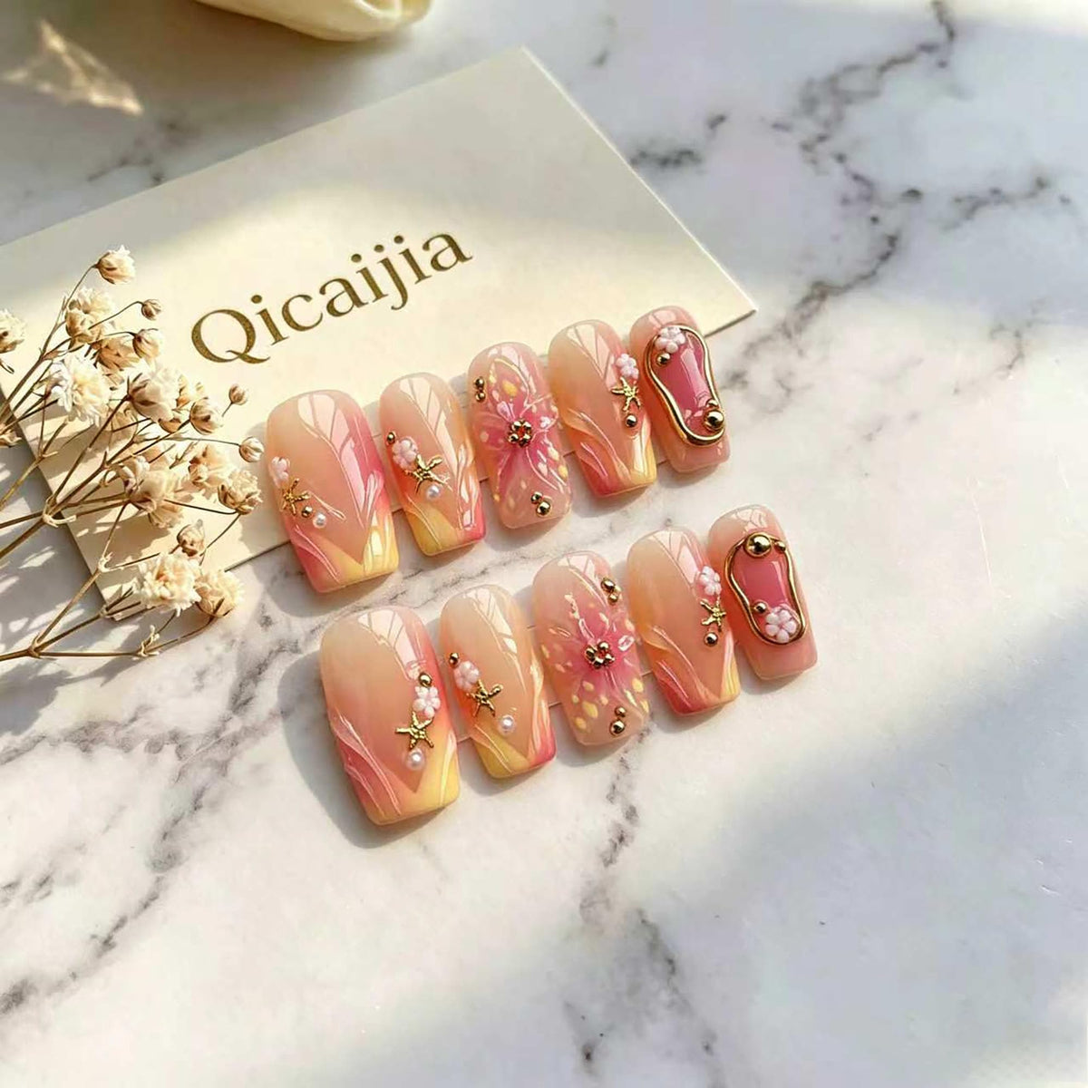 Handmade Press on Nails Medium Square Brown Gradient False Nails with 3D Flower and Swirl Design French Tip Fake Nails Luxury Reusable Acrylic Nails Press Ons for Women 10Pcs (Size M)
