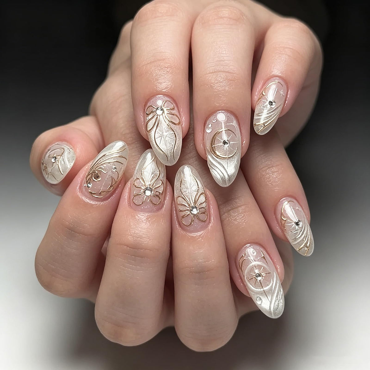 Summer Press on Nails Almond Pink Floral Shell Pearl Gold Dot Fake Women