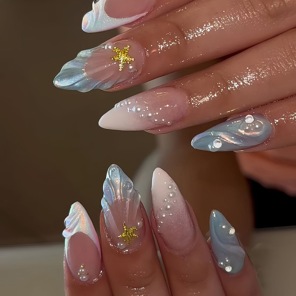 HOSAILY Long Almond Gold Glitter Press On Nails - Luxury French Shimmer Diamond Design, Holiday Party & Wedding False Nail, 24PCS Full Cover Gel Nail for Women- Autumn to New Year’s Elegance