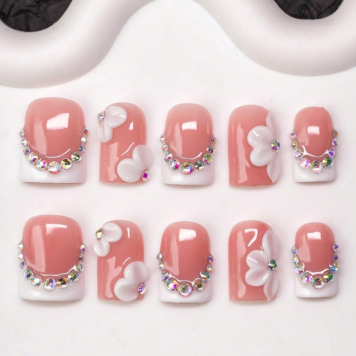 Handmade Press On Nails Short Square Nude 10PCS French Tip Fake Nails with 3D Gold Pearl Charms, Hand Painted Luxury Reusable Stick On Nails for Wedding Bridal Prom(M)