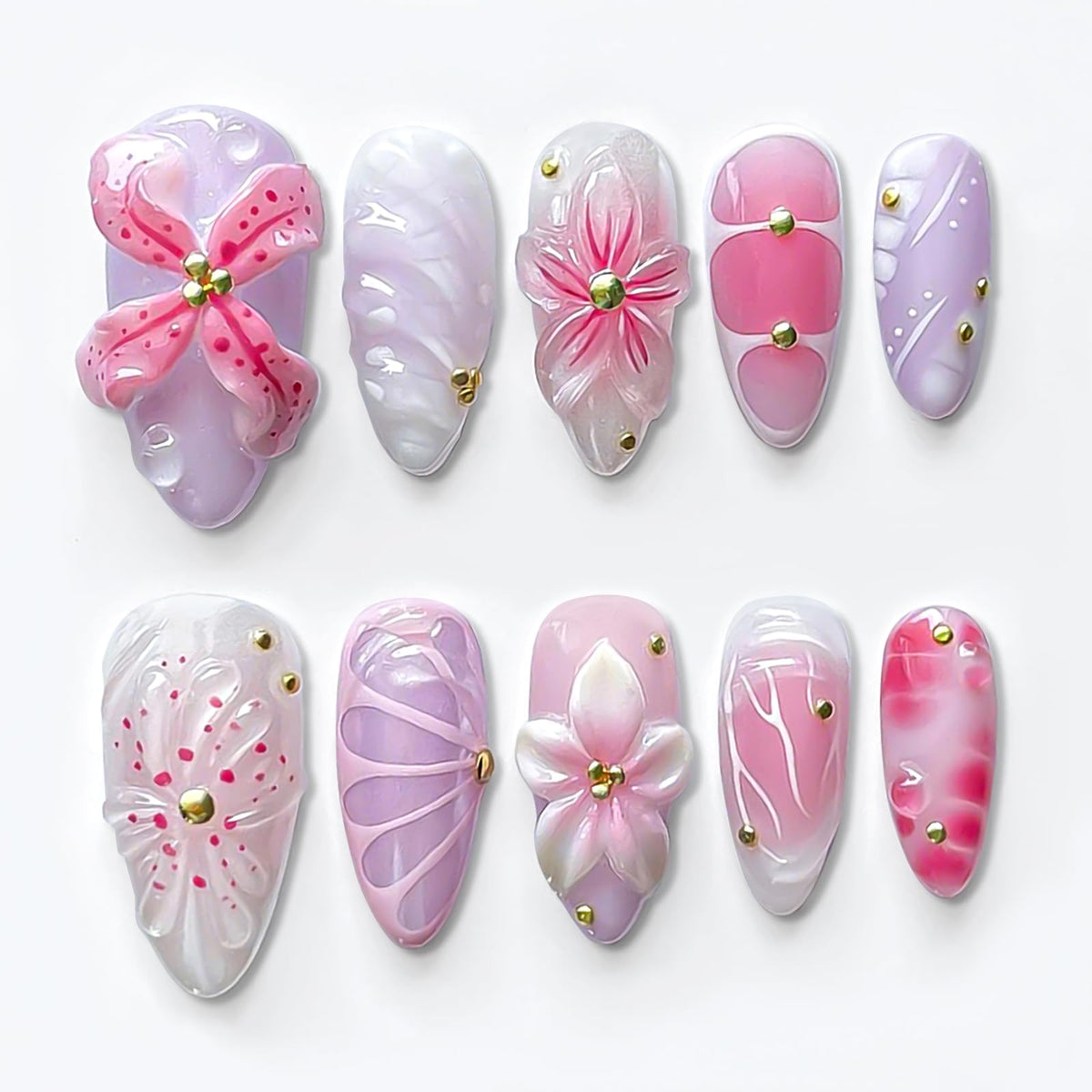 HOSAILY Luxury Press on Nails Medium Almond Rhinestones French Designs Fake Nails, 24PCS Glossy Sparkle Colorful Gems Stick on Nails for Women Party Daily Wear