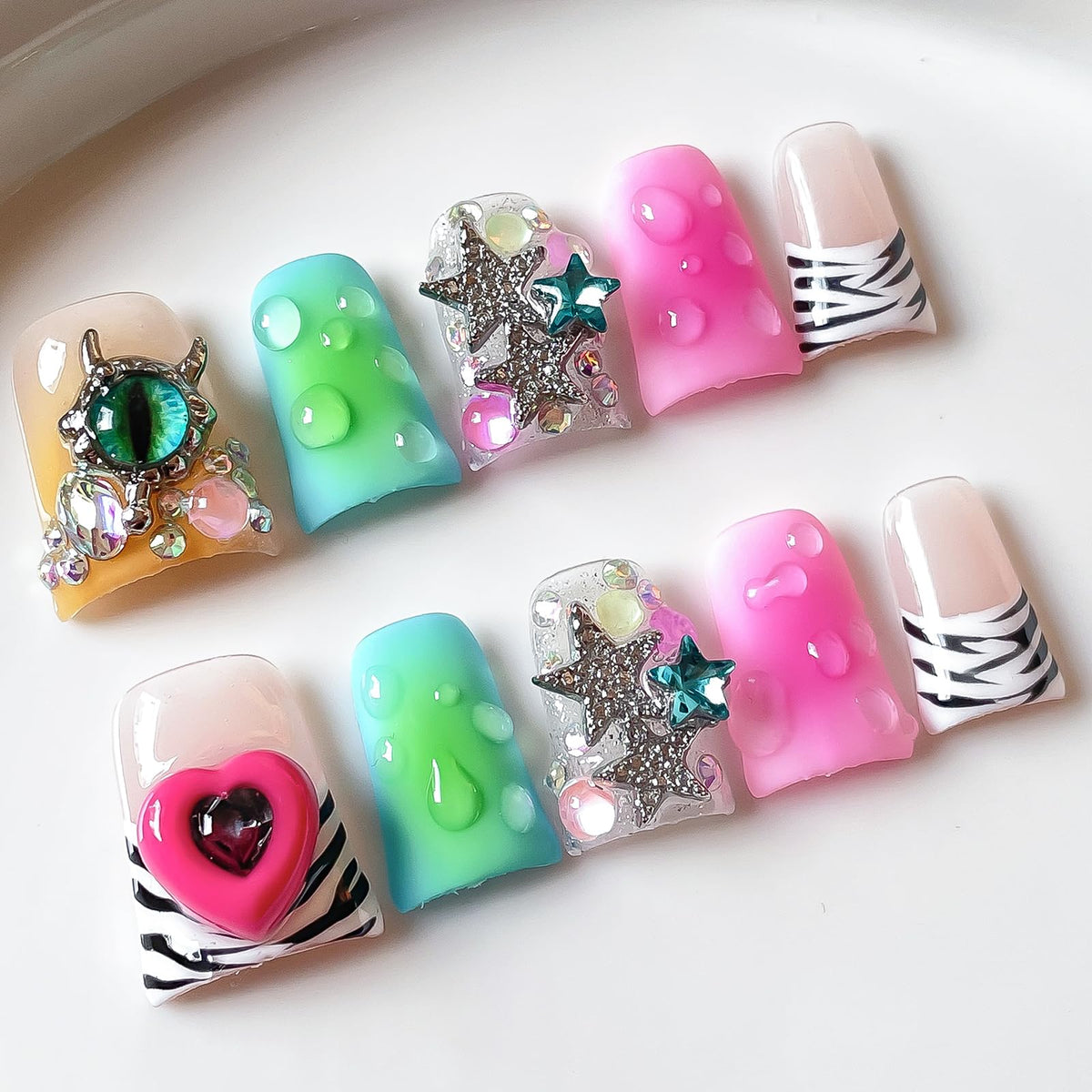 Handmade Press On Nails Short Square Nude 10PCS French Tip Fake Nails with 3D Gold Pearl Charms, Hand Painted Luxury Reusable Stick On Nails for Wedding Bridal Prom(M)
