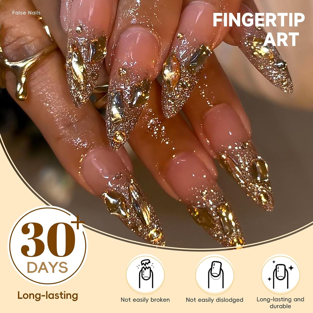 HOSAILY Long Almond Gold Glitter Press On Nails - Luxury French Shimmer Diamond Design, Holiday Party & Wedding False Nail, 24PCS Full Cover Gel Nail for Women- Autumn to New Year’s Elegance
