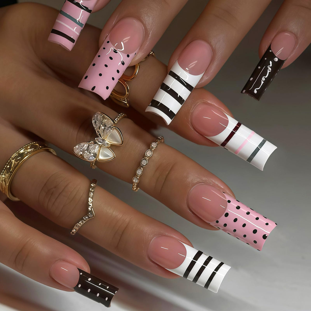 MISUD Press on Nails - Long Square Glue on Nails with White Bridal, Acrylic Wedding Bride Design 24 pcs