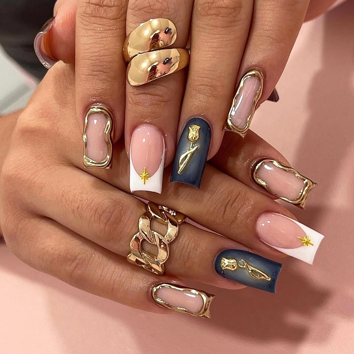 MISUD Press on Nails - Long Square Glue on Nails with White Bridal, Acrylic Wedding Bride Design 24 pcs