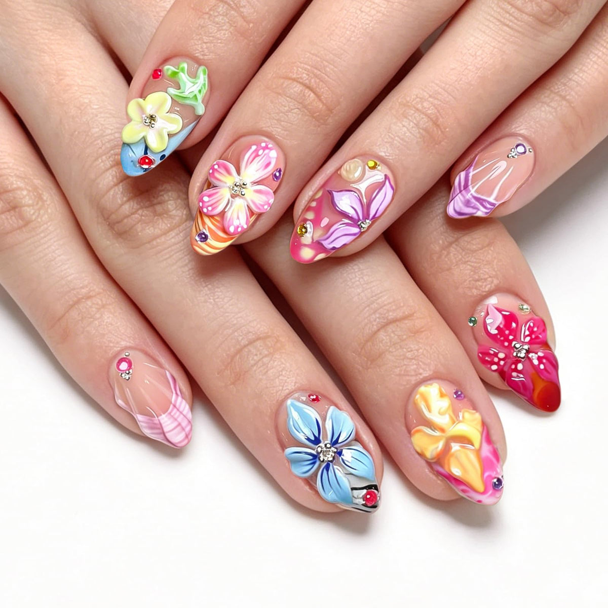 3D White Flower Press on Nails Medium Fakes Nails Almond Shape False Nails with Bling Rhinestones Designs, Glossy Reusable Elegant Acrylic Nails with Glue-24Pcs Nail Kit for Women Wedding Party