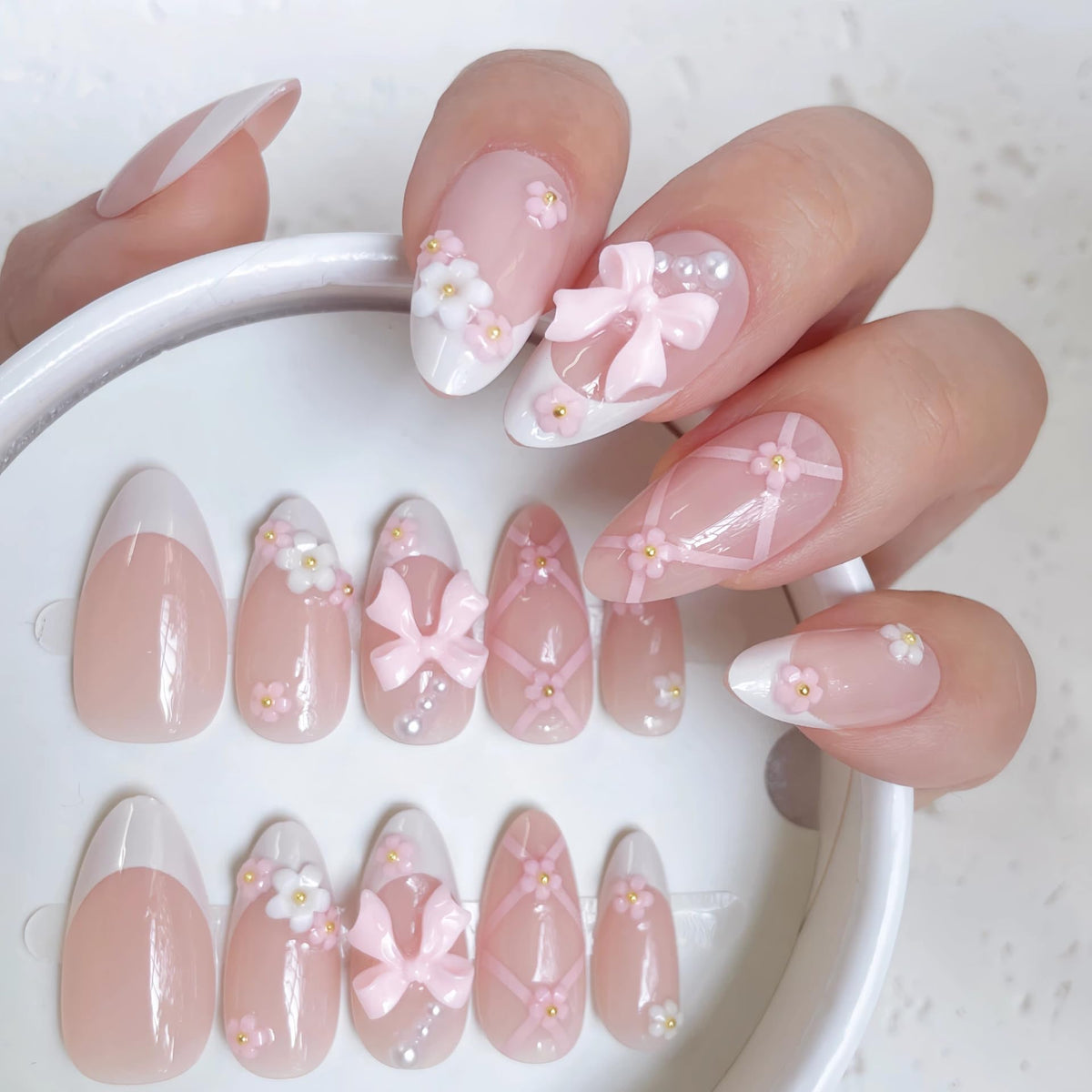Nude Pearl Gold French Press on Nails Medium Almond Fake Nails Kit 24PCS