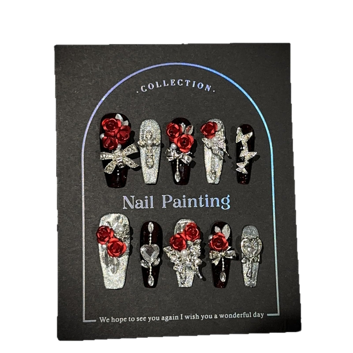 Luxury Handmade Press On Nails, Vintage Bohemian Style, Long Stiletto Shape, Crystal Heart Gems, Gold Stars Design, 10 Pieces (Large, LS)