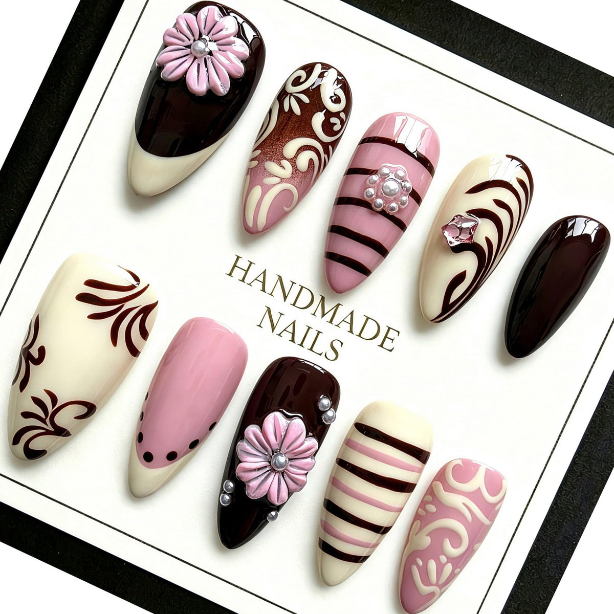 Handmade Almond Press on Nails, Abstract 3D Floral Gold, 10Pcs