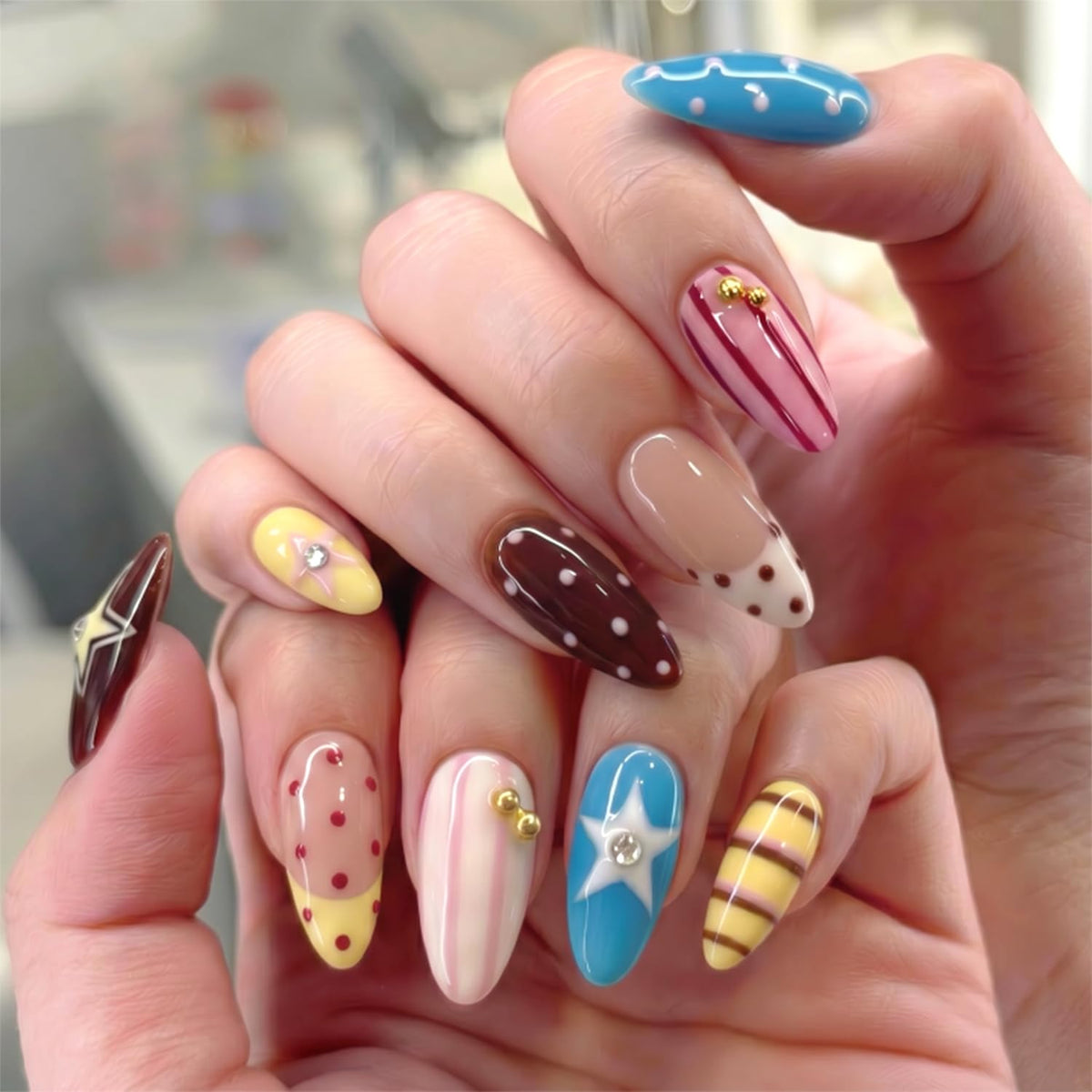 Black French Tip Press On Nails Almond Stiletto, Nude Glossy Fake Nails