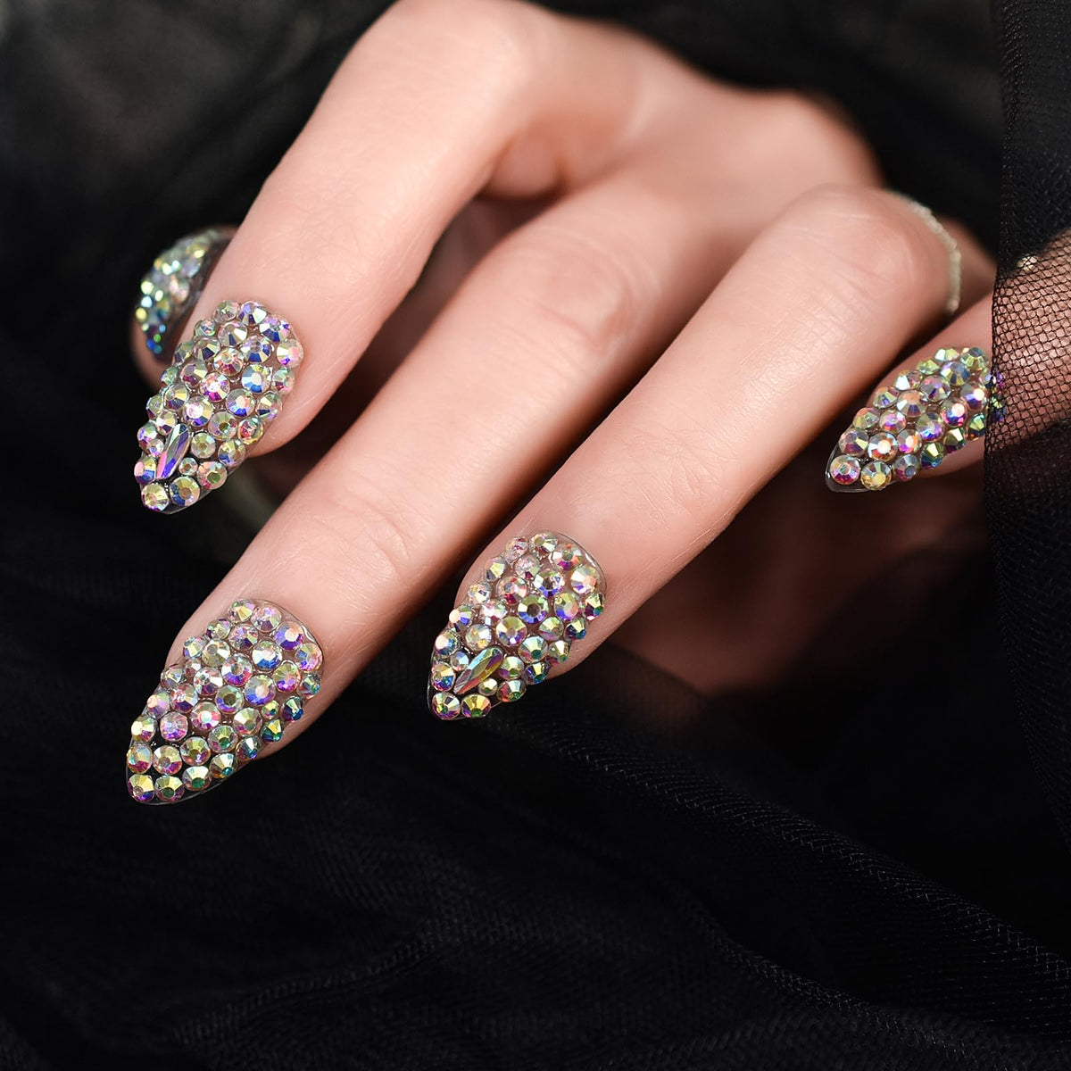 Elevenail Handmade Press on Nails Full Cover Luxurious 3D Crystal False Nails Super Extra Long Stiletto Diamonds Art Decoration Fake Nails Manicure Kit Nail Art Tips Gift for Women Girls Wedding Party