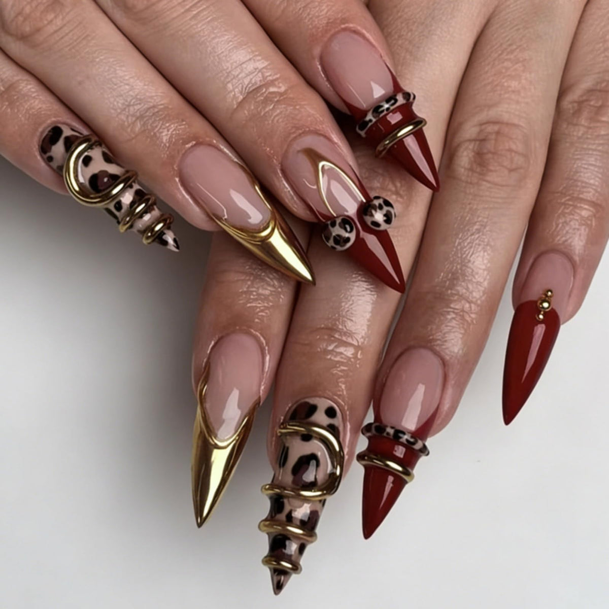3D Gold Press on Nails Long Stiletto Fake Nails Glossy Nude Blue Full Cover