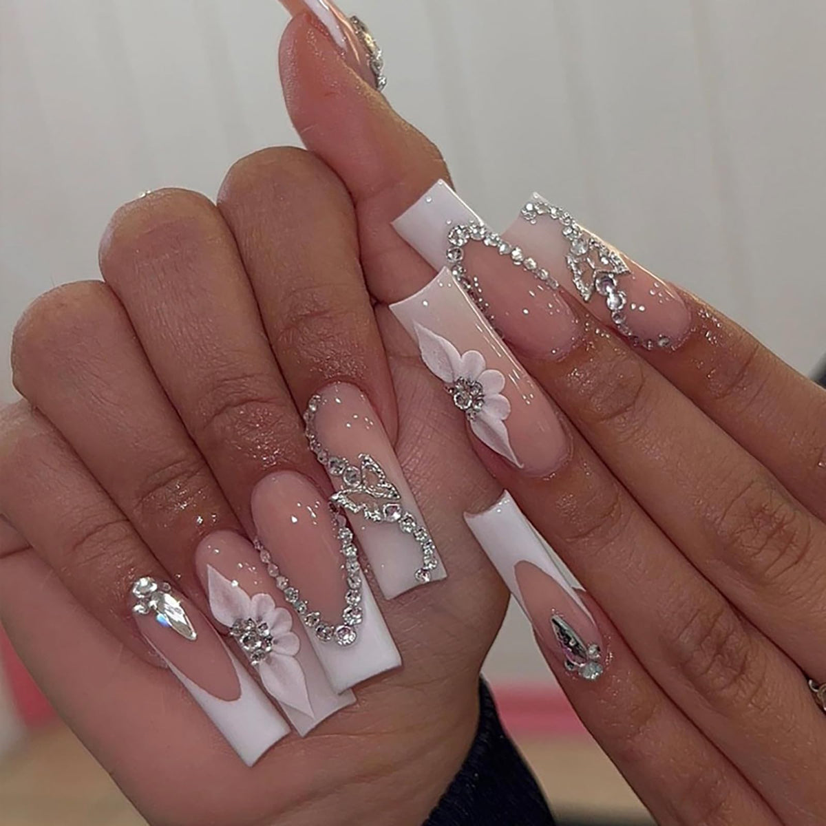 24Pcs Long Square Nude Pink White Nails Press ons Pearl Gold Flower Fake Nails Elegant False Nails Bridal Nails Glue on Luxurious Stick on Nails Casual Work for Girl Women Wedding Formal Occasions