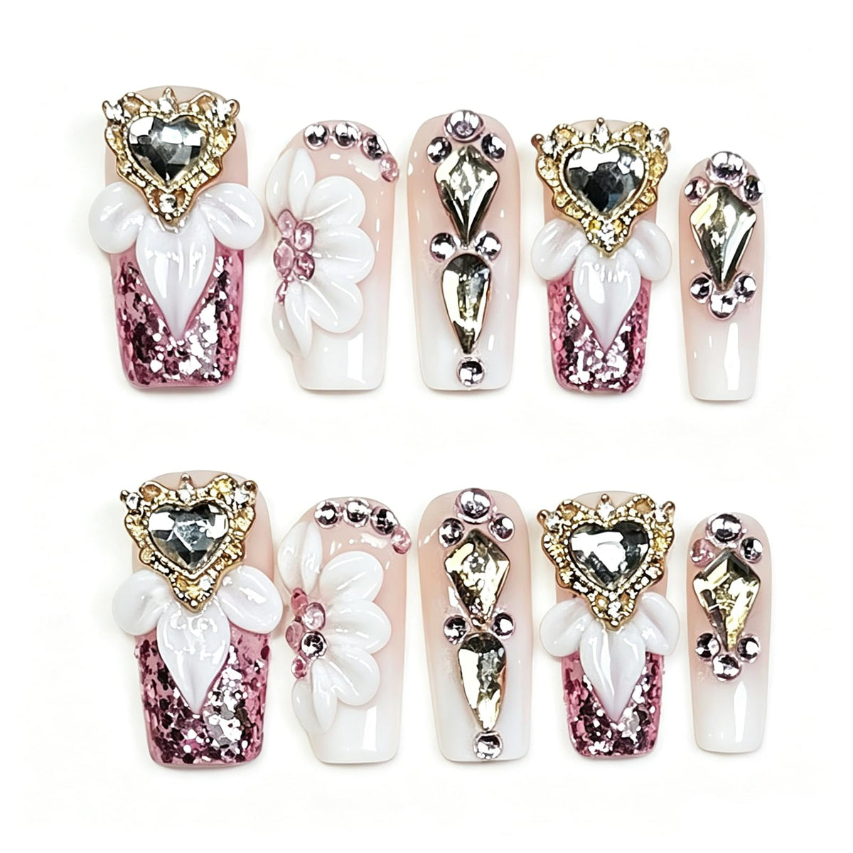 Long Square Handmade Press on Nails - White French Tip Acrylic Fake Nails with Crystals Gems, Elegant Bridal Reusable False Nails for Wedding Manicure 10 Pack (Size M)