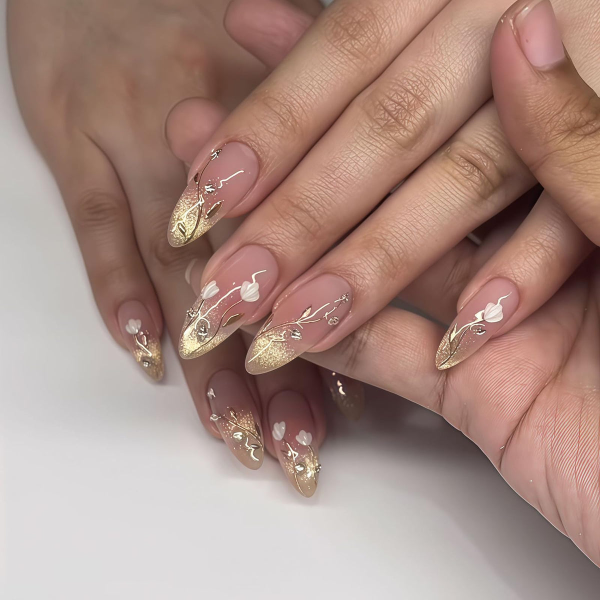 Long Almond Glitter Press on Nails Nude Pink Fashion Gold Fake Nails Full Cover Sparkling Stick On Nails Glossy Thin Design Glue on Nails for Girl Women False Nails Daily Office Party Wedding 24 Pcs