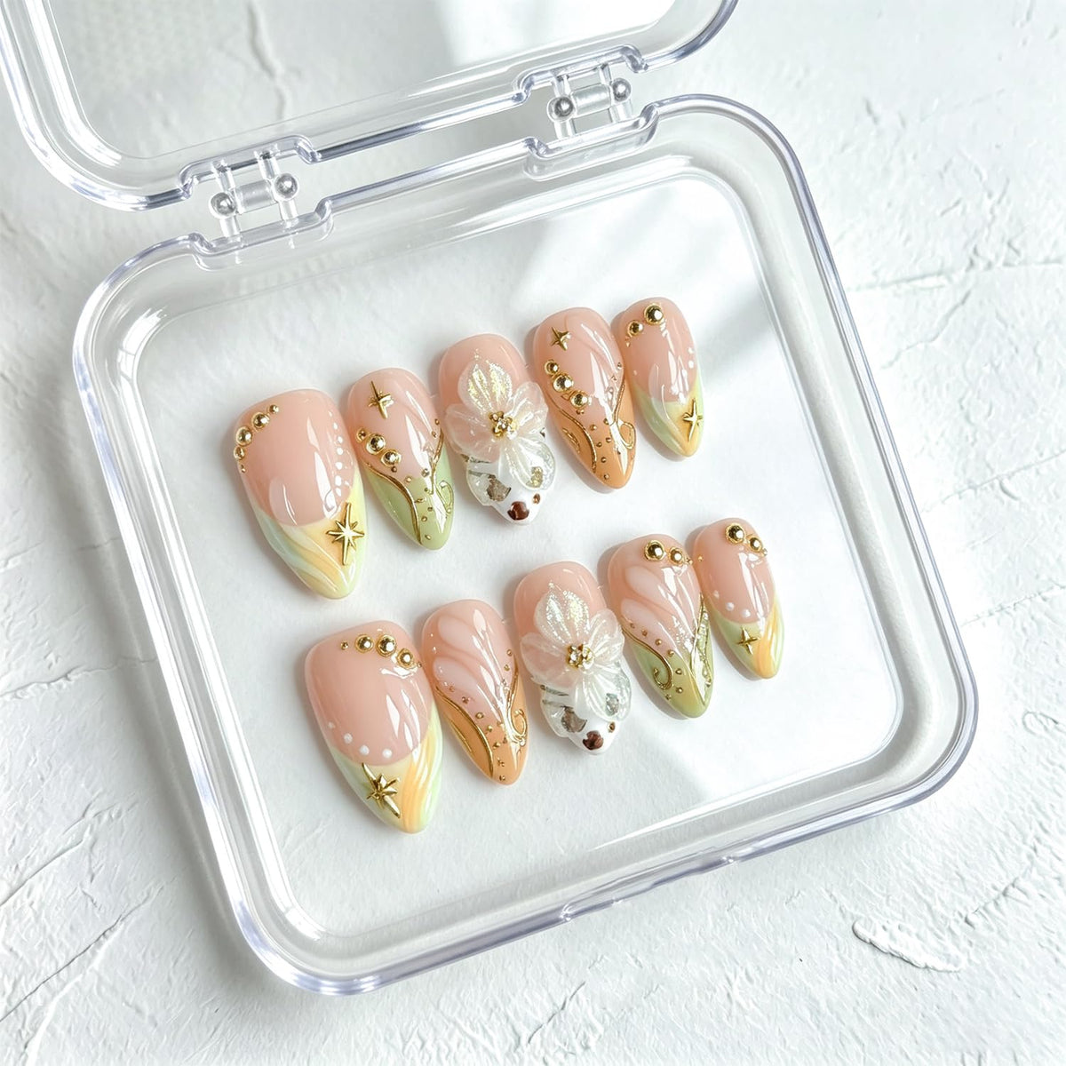 Handmade Press on Nails Gold Beads Almond Fake Nails 10Pcs(Size M)