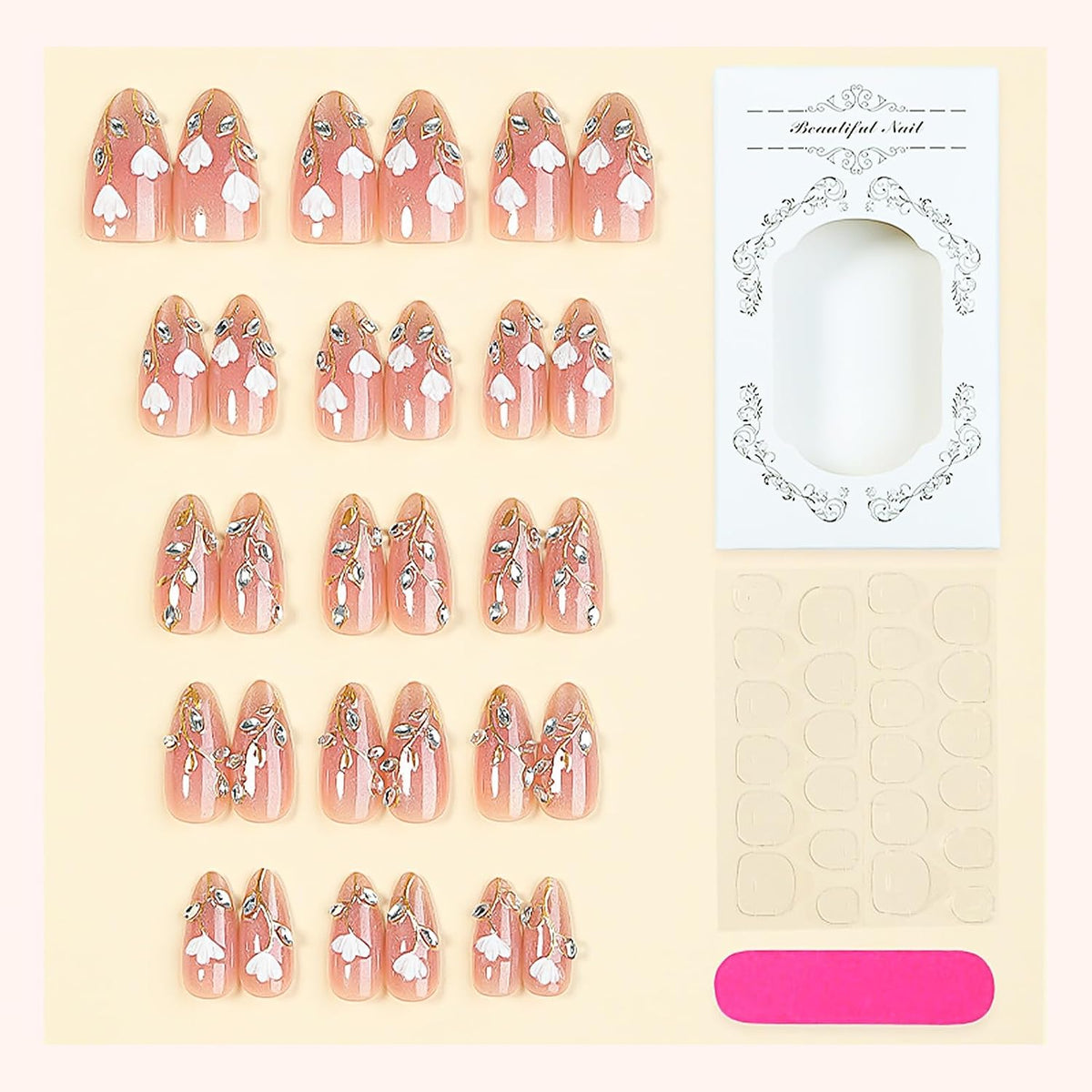 Press on Nails Medium Almond - 3D Gold Flower Vines with Rhinestone Fake Nails, Nude Pink Jelly Champagne Shimmer French Tip Bridal False Nails for Women, 30 Pcs