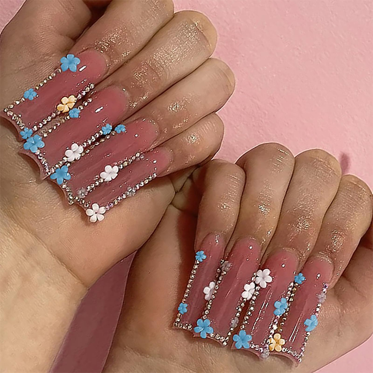 24Pcs Long Square Nude Pink White Nails Press ons Pearl Gold Flower Fake Nails Elegant False Nails Bridal Nails Glue on Luxurious Stick on Nails Casual Work for Girl Women Wedding Formal Occasions