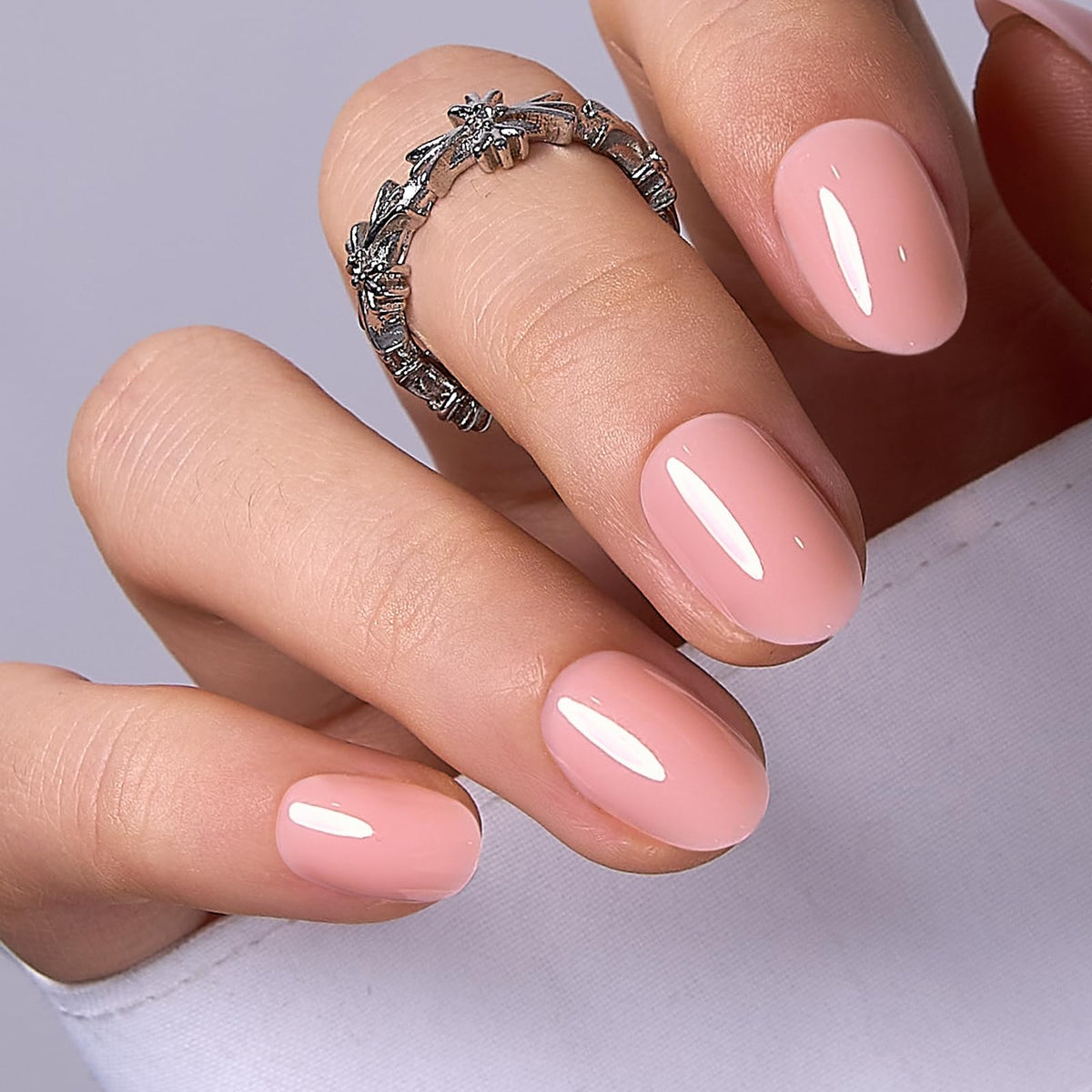 CurvLife Short Oval Chrome Nude Press On Nails, Champagne Pearl, Soft Gel