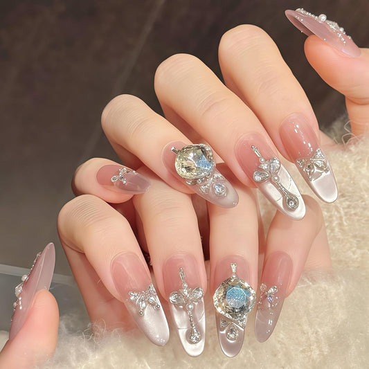 Nude Jelly Press on Nails Long Coffin, Handmade Luxury Rhinestone False Nails with Crystal & Pearl, Glossy Nude Ballerina Fake Nails Reusable Stick On Nails Set for Women 10Pcs