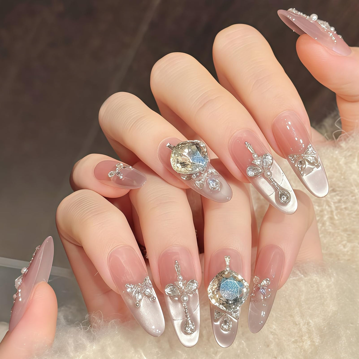 Nude Jelly Press on Nails Long Coffin, Handmade Luxury Rhinestone False Nails with Crystal & Pearl, Glossy Nude Ballerina Fake Nails Reusable Stick On Nails Set for Women 10Pcs