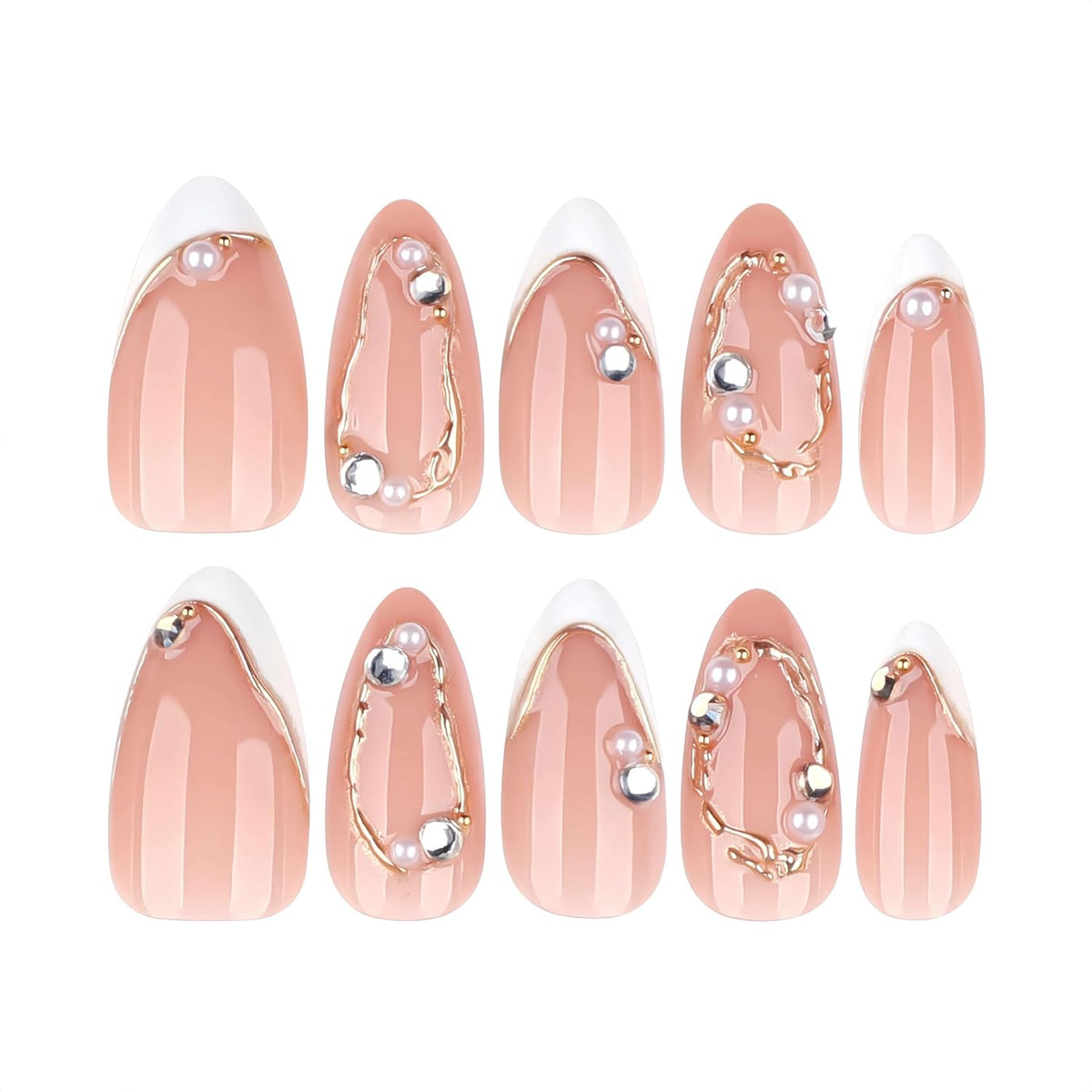 Medium Almond Press On Nails, Milky Nude Fake Nails with White French Tips, Gold Outline Design, Rhinestone and Pearl Accents, Glossy Reusable Glue On Nails for Women Wedding, 24PCS