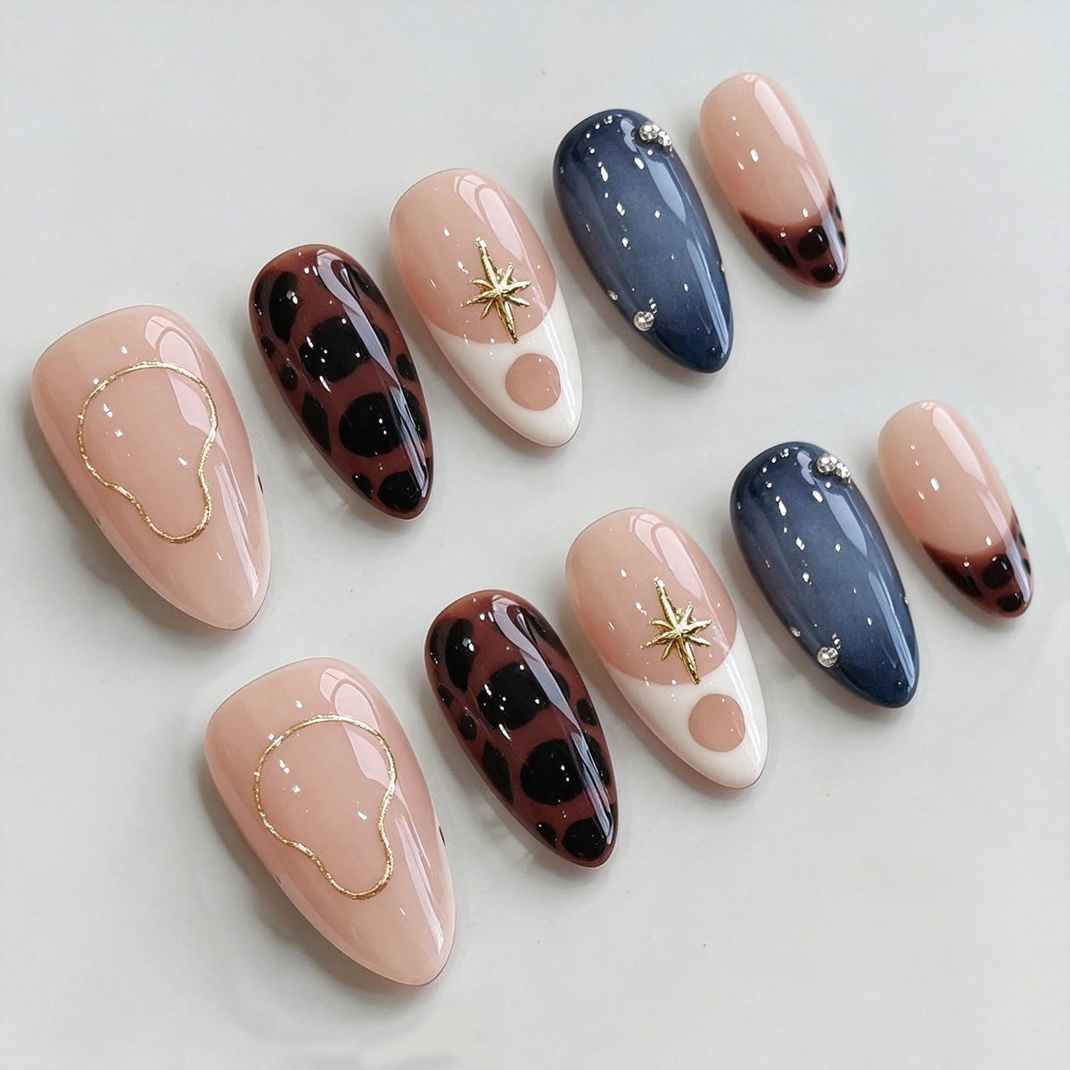 Handmade Almond Press on Nails Medium, Nude White French Tip Fake Nails with 3D White Flower Gold Metal Lines Pearl Decor, Glossy Reusable Full Cover False Nails for Women Wedding Daily(S)
