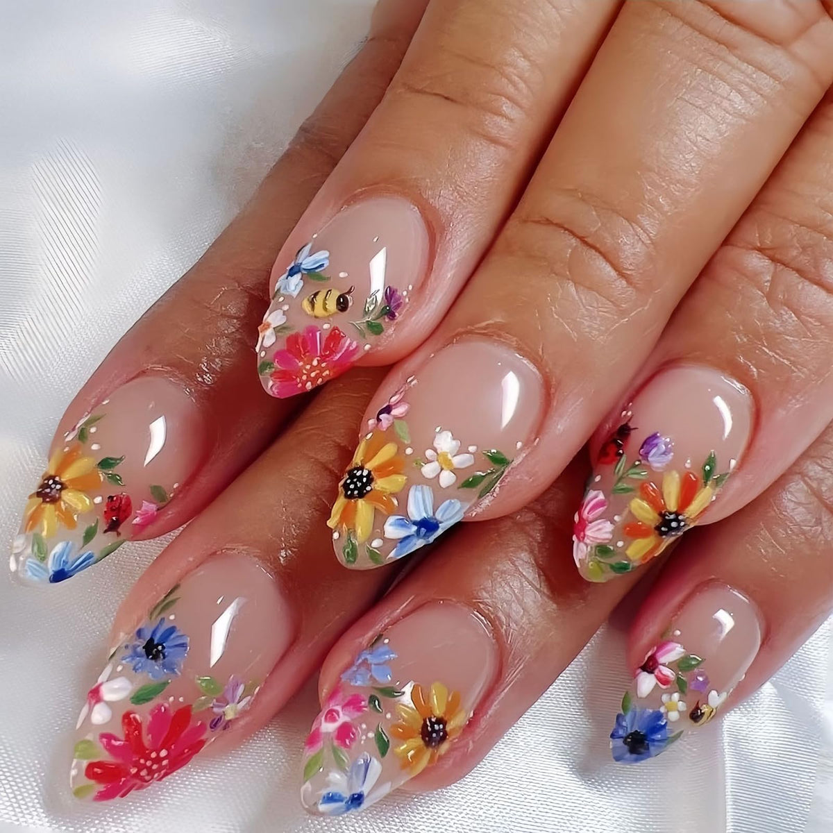 Summer Press on Nails Almond Pink Floral Shell Pearl Gold Dot Fake Women