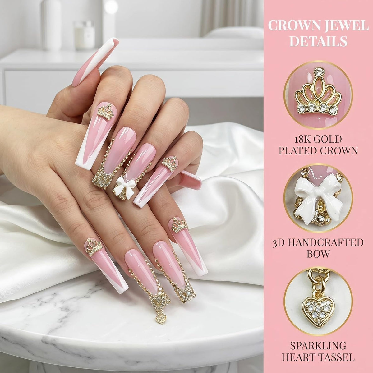 xl Luxury Press on Nails Long Handmade Square Acrylic False Nails French Tip with Bow Rhinestones Designs Fake Stick on Nails for Women Wedding Prom Party Manicure 10Pcs(Size M)