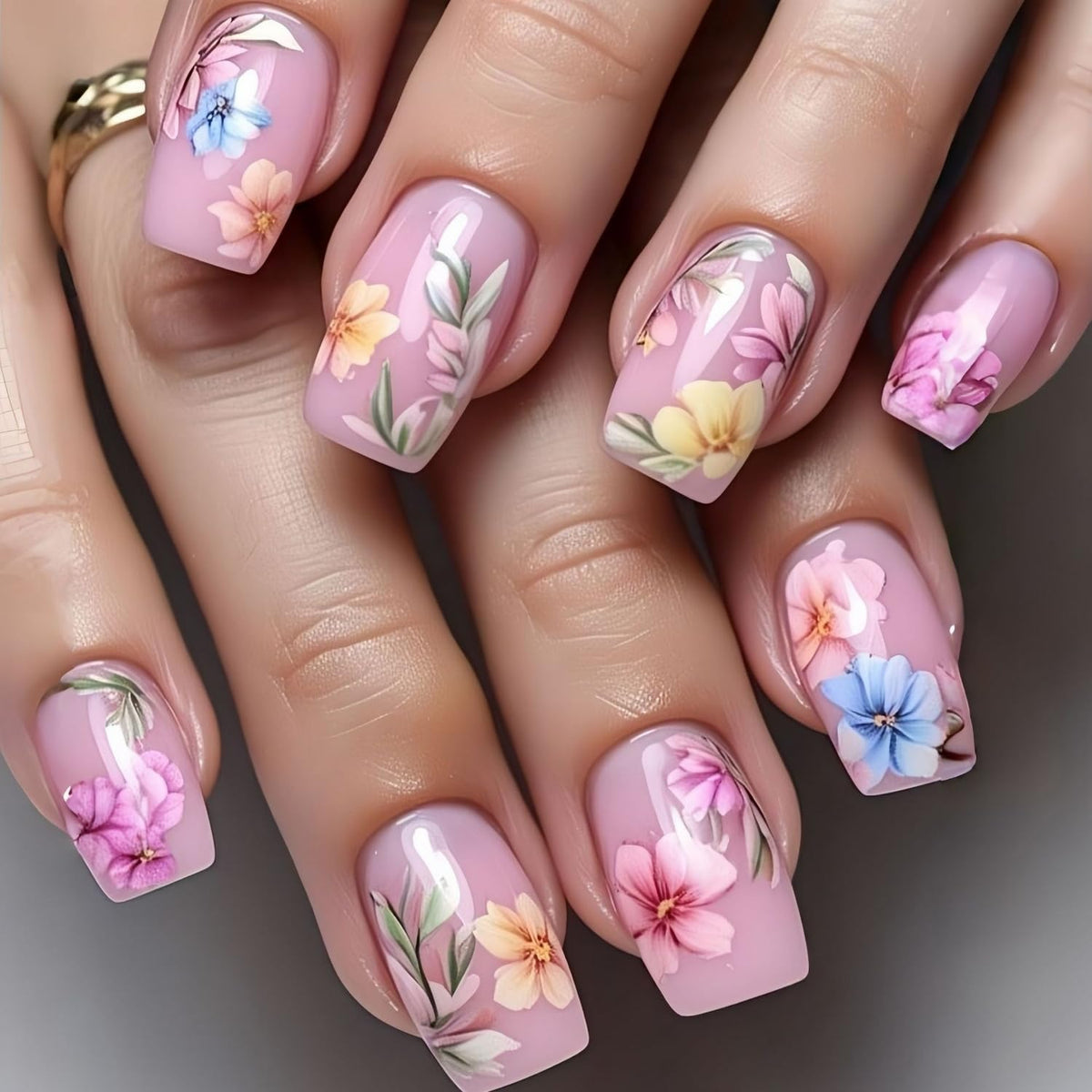 Almond Press on Nails Medium, Handmade White French Tip 3D Nude Fake Nails with Pearl Flower Leaf, Reusable Acrylic Stick On Nails for Women Wedding Bridal Party 24Pcs