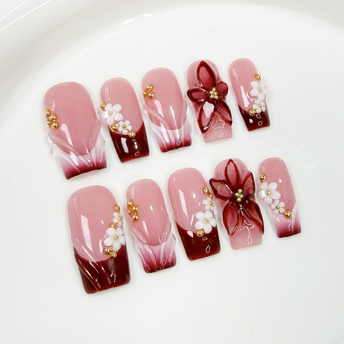 Luxury Handmade Press on Nails Medium Square Fake Nails Blue French False Nails with Ombre 3D Flower Art Design Acrylic Nails Handmade Stick on Nail for Women Manicure 10Pcs (Size M)