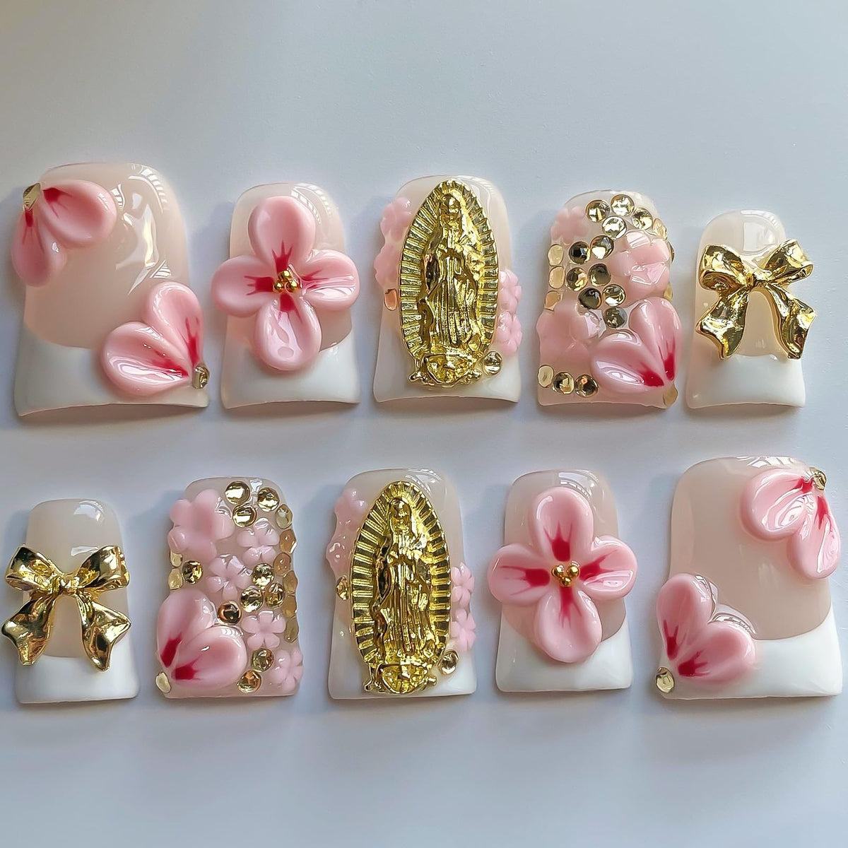 Handmade Press On Nails Short Square Nude 10PCS French Tip Fake Nails with 3D Gold Pearl Charms, Hand Painted Luxury Reusable Stick On Nails for Wedding Bridal Prom(M)