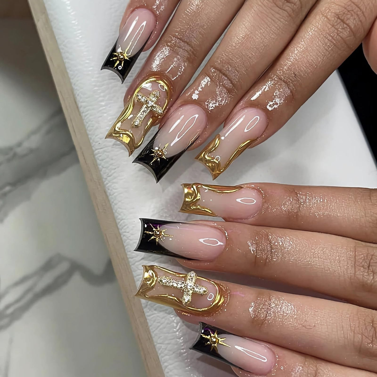 BABALAL Long Square Press on Nails - Blue Fake Nails, Luxury 3D Butterfly Gold Heart Charm Bling Design Full Cover Acrylic Nails Squoval Set 24Pcs