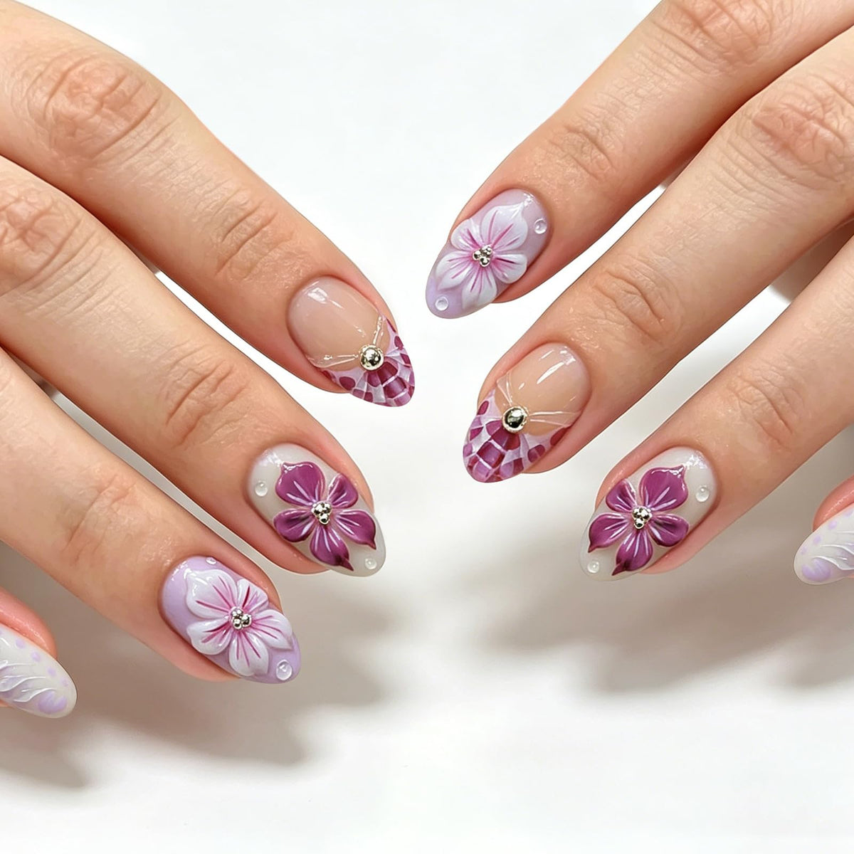 3D White Flower Press on Nails Medium Fakes Nails Almond Shape False Nails with Bling Rhinestones Designs, Glossy Reusable Elegant Acrylic Nails with Glue-24Pcs Nail Kit for Women Wedding Party