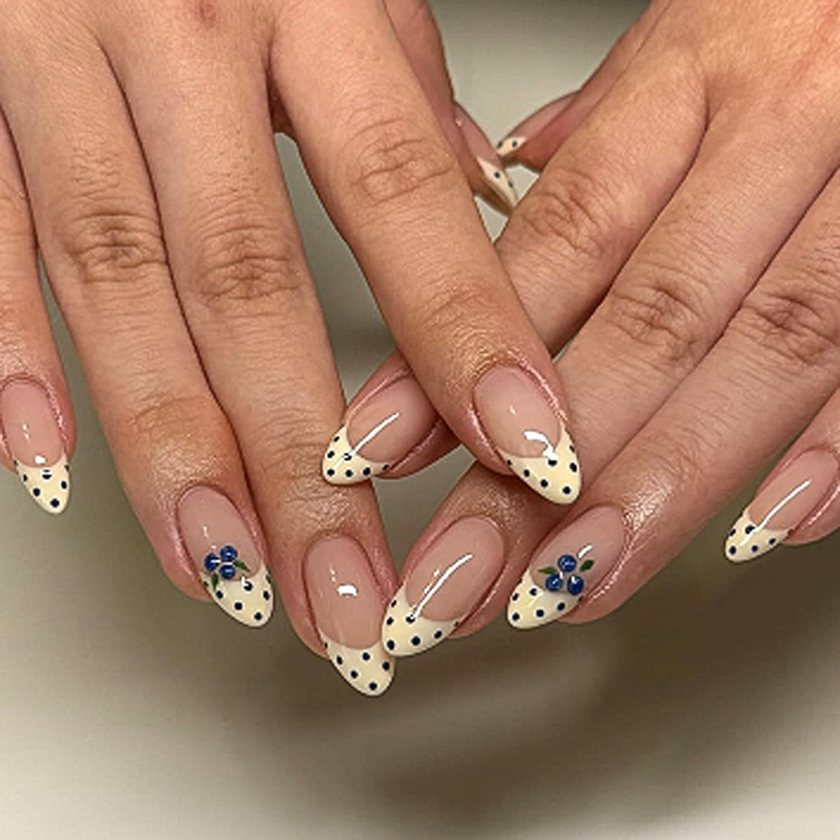 Black French Tip Press On Nails Almond Stiletto, Nude Glossy Fake Nails
