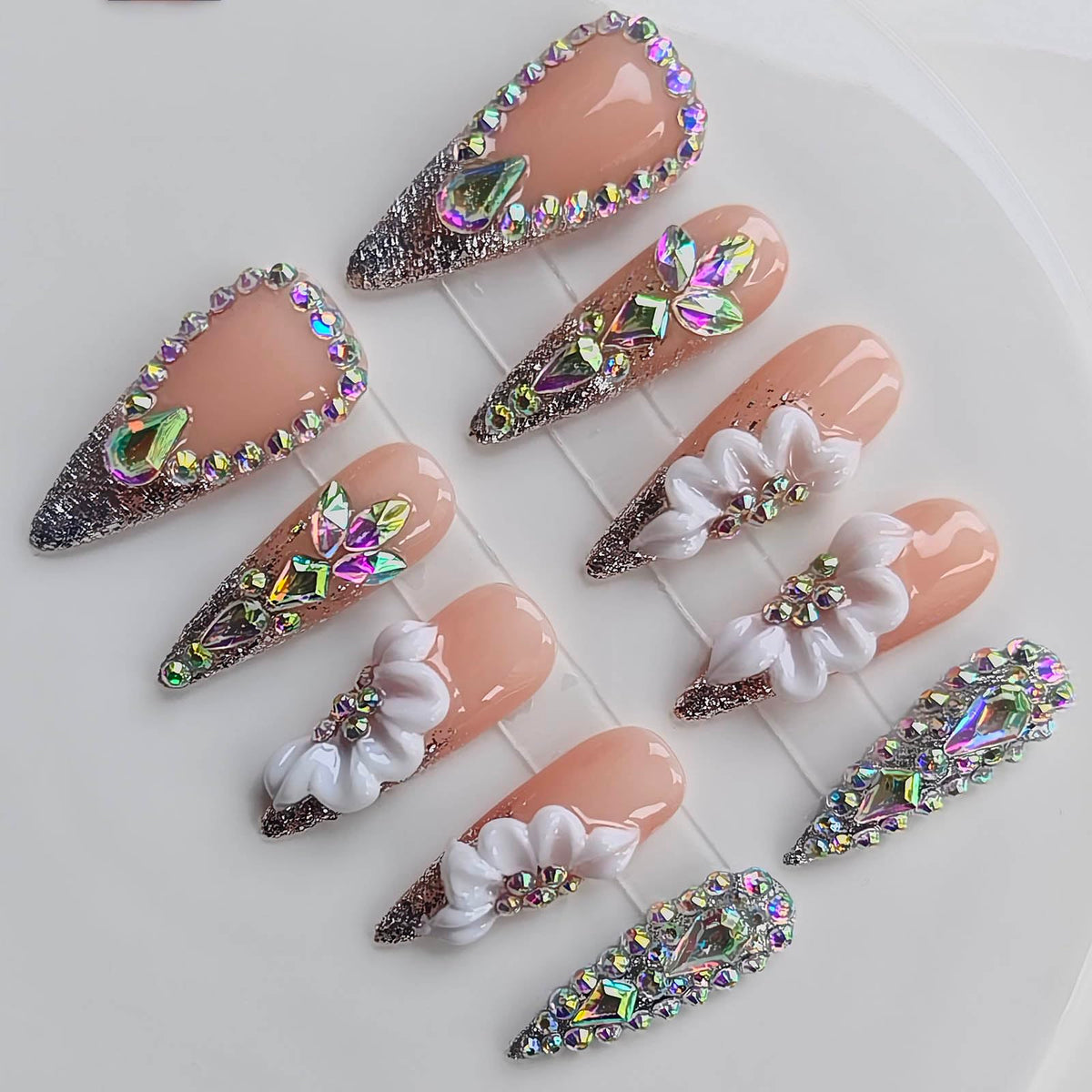 Handmade Press on Acrylic Nails, Almond Long Press Ons with Purple & Nude 3D Swirl Design, Rhinestone & Polka Dot Accents, Stiletto Glue on False Nails Y2K M Size -Gleamrain Design 801