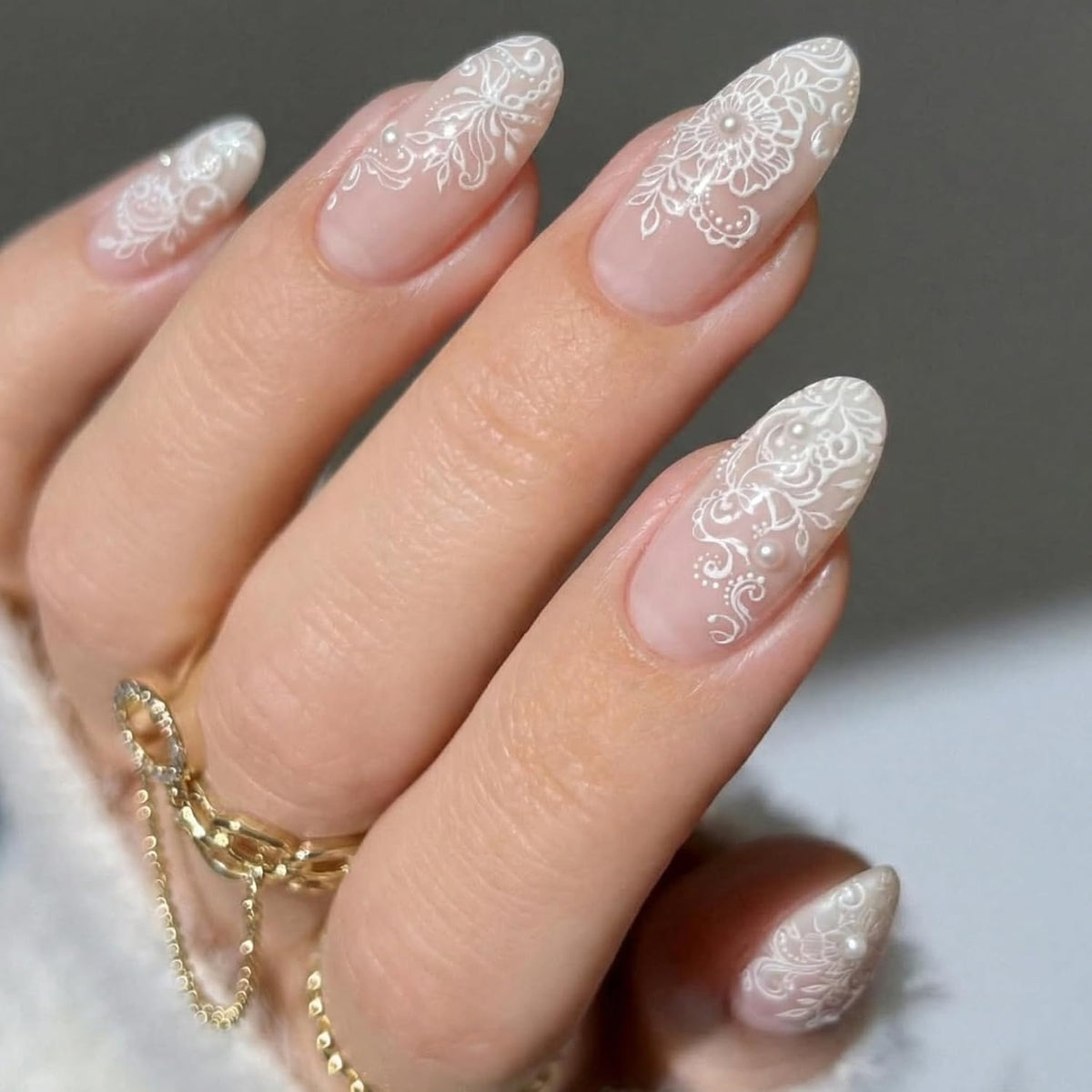 BABALAL Bridal Lace Press On Nails, Medium Almond Fake Nails with 3D White Floral & Pearl, Nude Ombre Acrylic Stick On Nails for Women 24Pcs