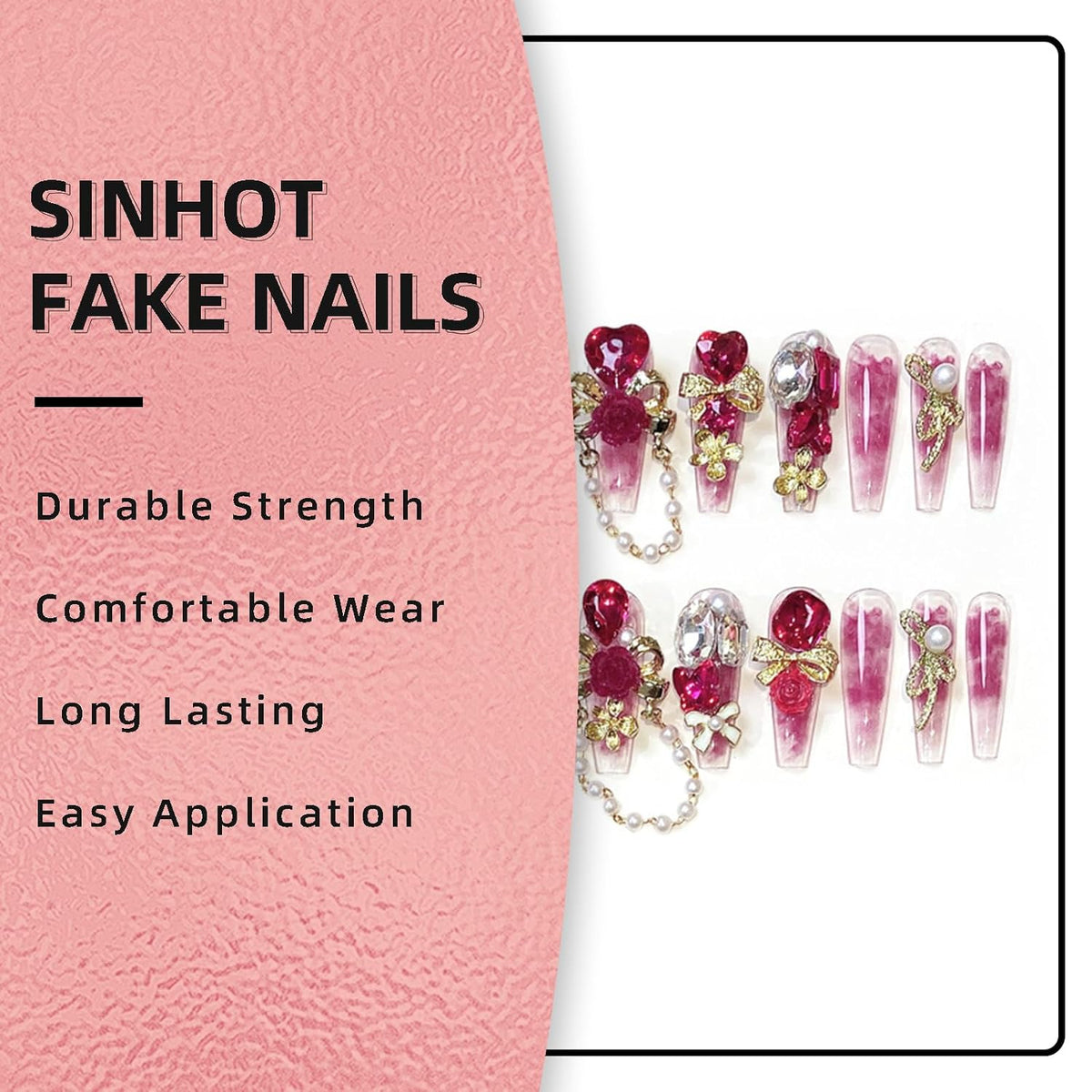 SINHOT Luxury Press on Nails - Long Coffin Fake Nails 3D Handmade Cute Pink Reusable False Nails with Rhinestone Designs,DIY Artificial Nail Art, 24pcs