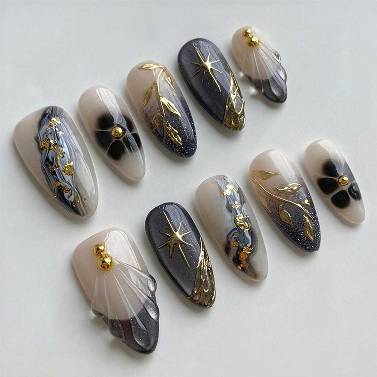30Pcs Gold Star Moon Press on Nails Long Stiletto French Tip Fake Nails Press on 3D Chrome Gold Design Sun False Nails Irregular Gilded Lines Full Cover Purple Glossy Artificial Acrylic Nail for Women